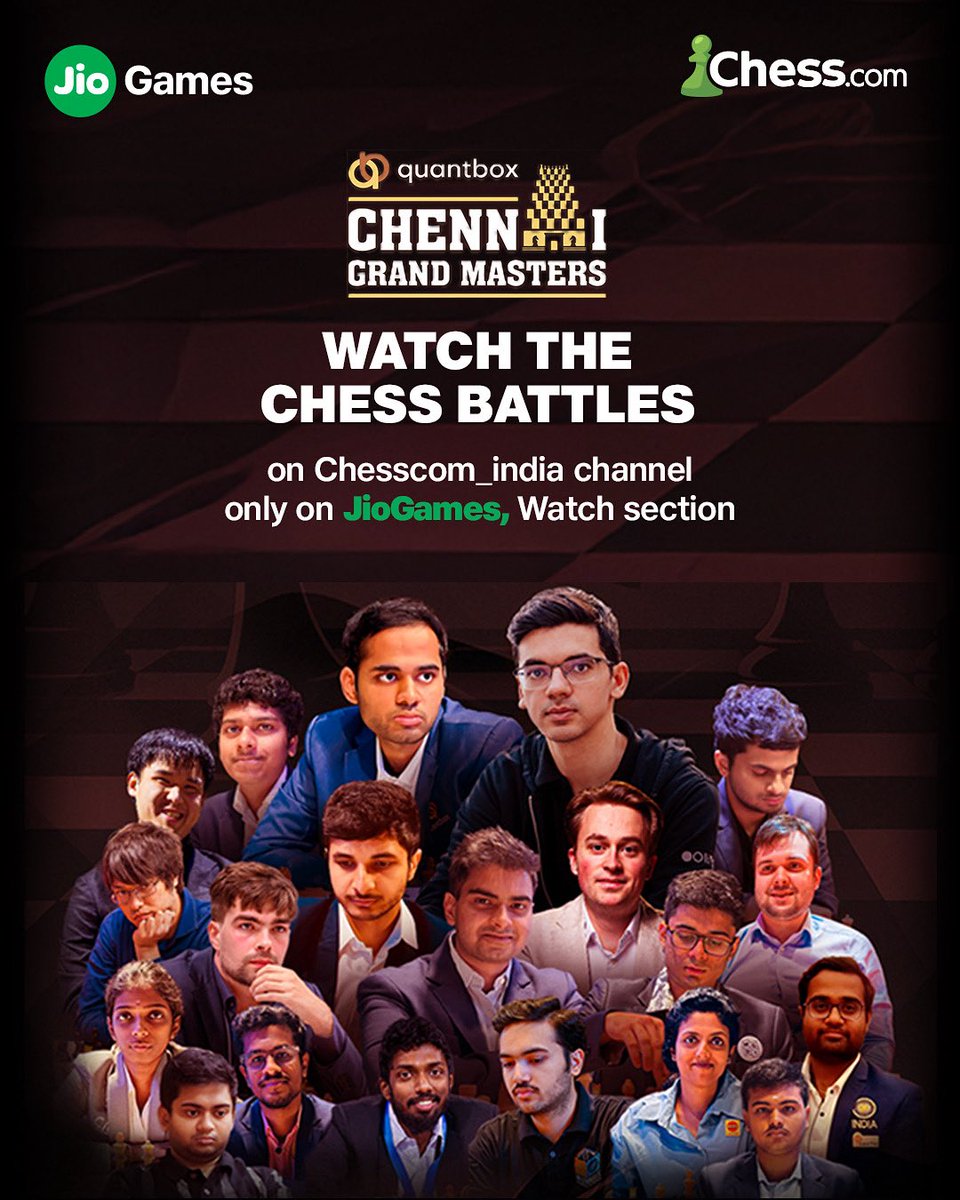 The board is set, and the battle begins between rising stars and seasoned talents in the Quantbox Chennai Grand Masters 2025.

Watch your chess heroes live in action only on chesscom_india channel in the Watch section of JioGames app.

🔗jiogames.page.link/RhRq

#QuantboxCGM