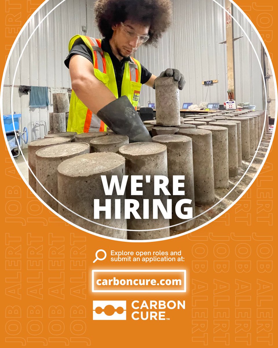 Looking for a new job? 🔎 Care about #ClimateChange? 🌎

We're hiring!

Help CarbonCure advance our solution that reduces #EmbodiedCarbon in new construction &amp; permanently locks captured CO2 in concrete. 🔒

Visit our Careers page to see open #ClimateJobs: bit.ly/4gBN0uI