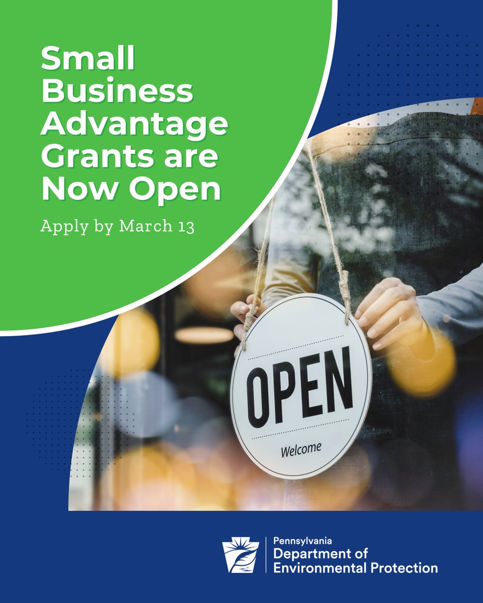 Small businesses across Pennsylvania can get money to help protect the environment. Save energy or prevent pollution—and get up to $12,000 to help pay for it.

There’s over $1,000,000 in grant funding, so don’t wait! These grants are available on a first-come basis.

Apply now: