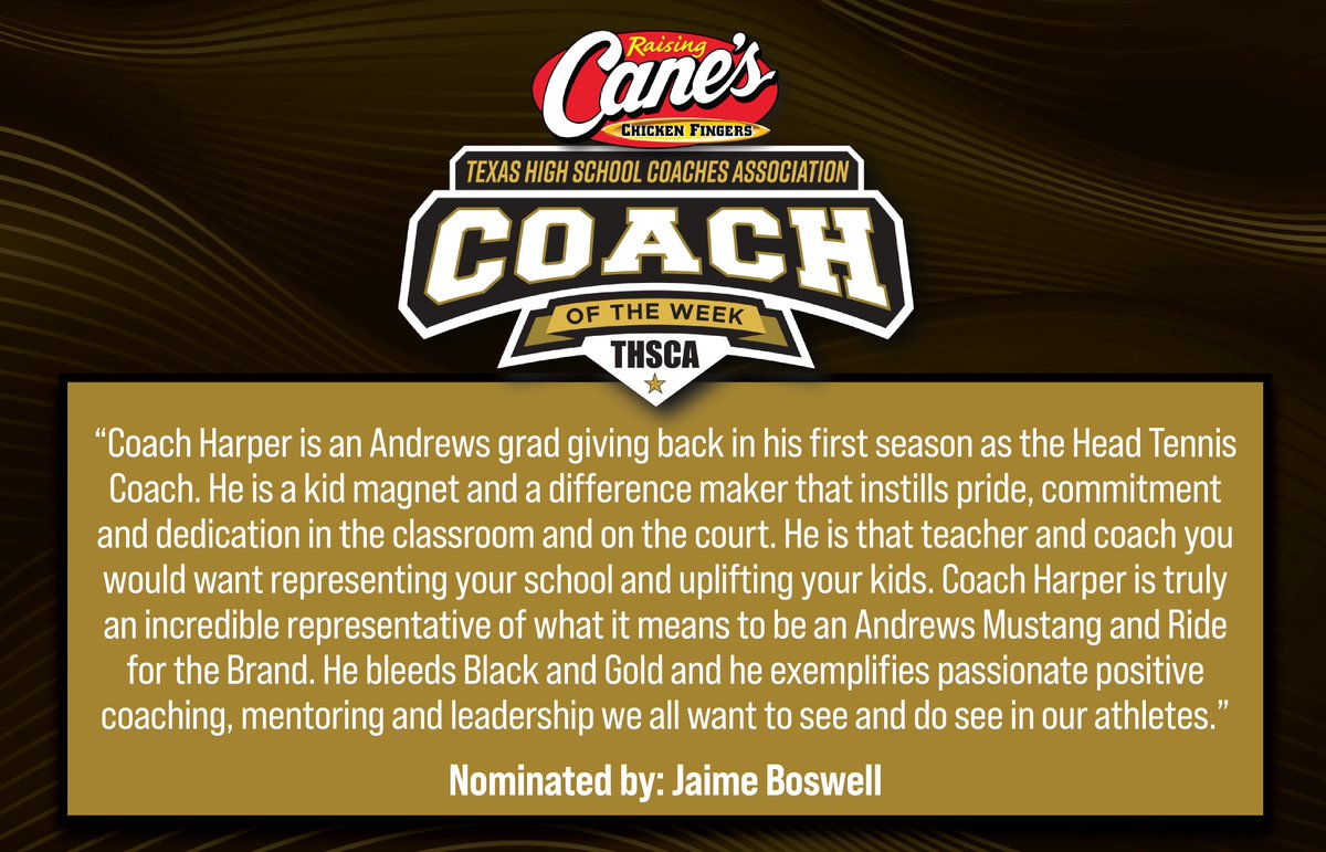 THSCA (@thscacoaches) on Twitter photo Our first <a href="/raisingcanes/">Raising Cane's</a> Coach of the Week for 2025-2026🌟 Congratulations to Jacob Harper from Andrews High School! You make us #THSCAProud!
<a href="/AndrewsMustangs/">Andrews Athletics</a> | <a href="/JaimeBoswell2/">Jaime Boswell</a> Our first <a href="/raisingcanes/">Raising Cane's</a> Coach of the Week for 2025-2026🌟 Congratulations to Jacob Harper from Andrews High School! You make us #THSCAProud!
<a href="/AndrewsMustangs/">Andrews Athletics</a> | <a href="/JaimeBoswell2/">Jaime Boswell</a>