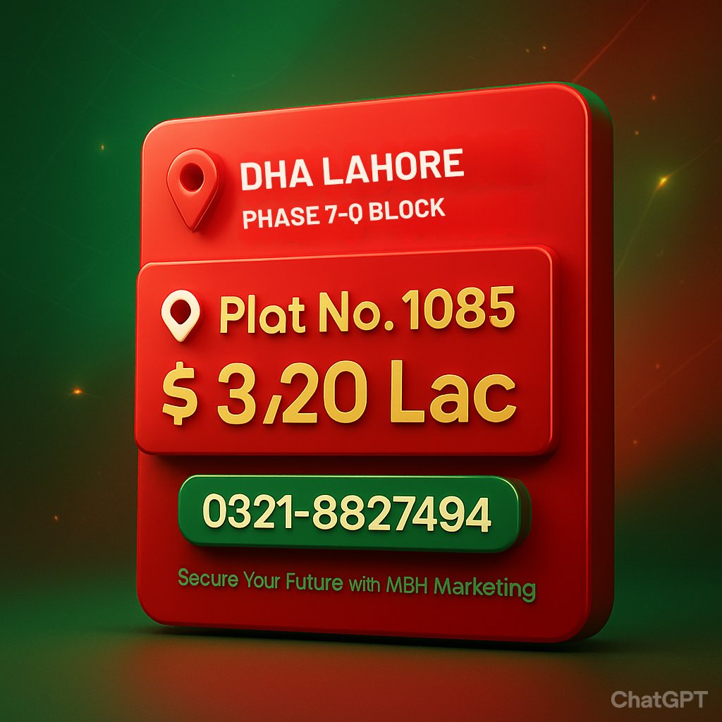 mbhmarkeeting's tweet image. 📍 DHA Lahore Phase 7 – Q Block
Plot No. 1085 | Demand: 320 Lac
Located in one of the most prime areas of Phase 7, this 1 Kanal residential plot is perfect for living#DHALahore
#DHAPhase7
#QBlock
#1KanalPlot
#LahoreRealEstate
#PropertyForSale
#InvestmentOpportunity
#MBHMarketin