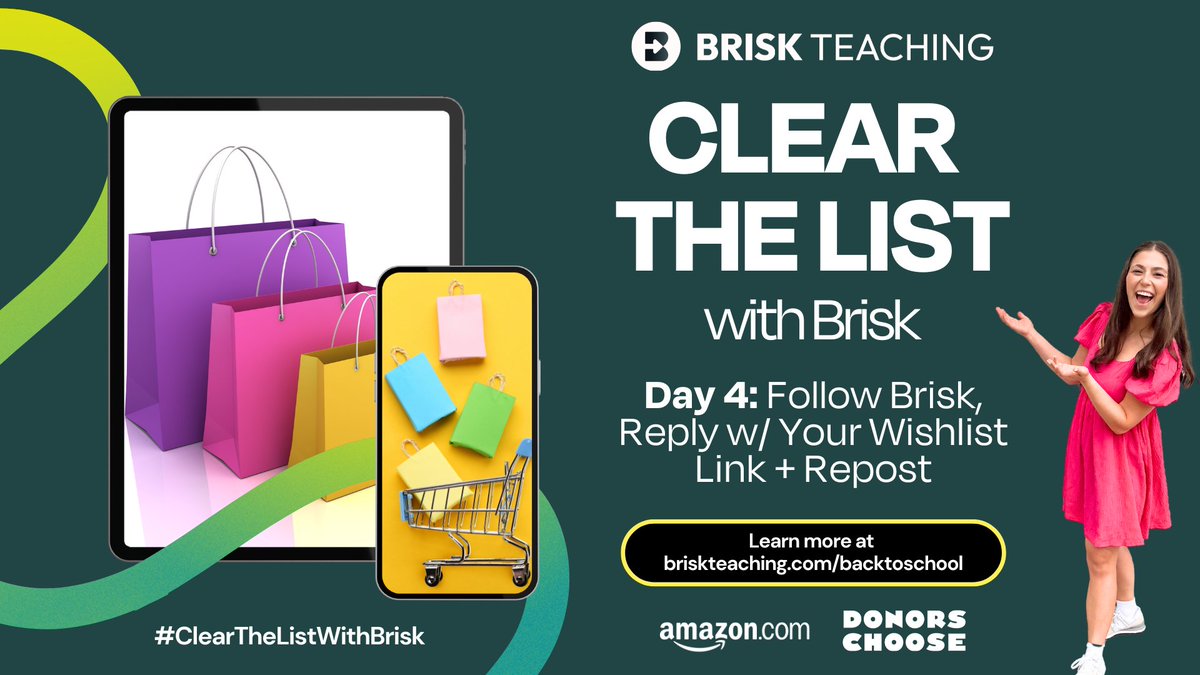 Brisk Teaching (@briskteaching) on Twitter photo #ClearTheListWithBrisk Day 4 has arrived! 🛒 🛍️
Today's challenge is:
1️⃣ Follow us <a href="/briskteaching/">Brisk Teaching</a>
2️⃣ Reply with your wishlist link
3️⃣ Repost
➡️ We will reply to your list to let you know that an item from your wishlist is on the way.
Learn more #ClearTheListWithBrisk Day 4 has arrived! 🛒 🛍️
Today's challenge is:
1️⃣ Follow us <a href="/briskteaching/">Brisk Teaching</a>
2️⃣ Reply with your wishlist link
3️⃣ Repost
➡️ We will reply to your list to let you know that an item from your wishlist is on the way.
Learn more