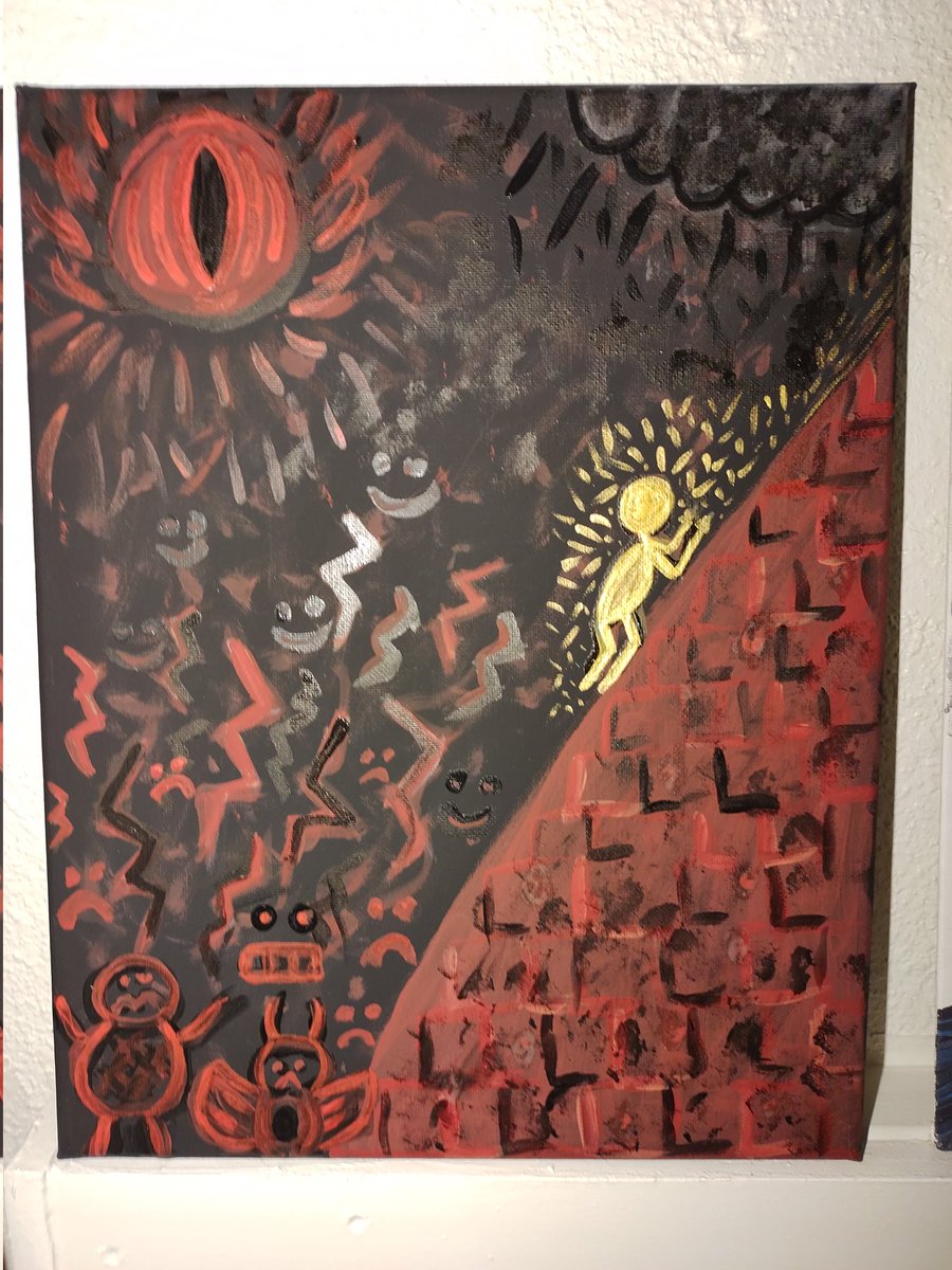 A painting I made when I descended into what seemed like a bottomless pit. I was living in a house built over a cave, and there was a portal and gatekeeper there. Entities were always going in and out of it, and coming up from the floor. i believe it was the hidden cave of the