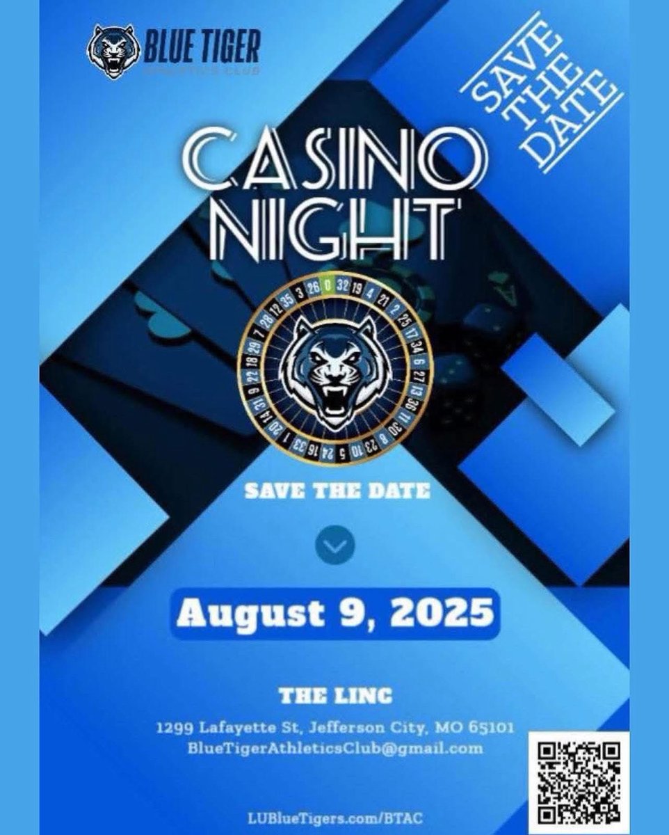 🎲 Just 2 days away!
 Casino Night 2025 is this Saturday — an evening of food, games and giving back to LU student-athletes.

📅  Aug 9 | 🕠 5:30-10 p.m.
 📍 The LINC, Jefferson City
 🎟️ $65 | Reserve seats 
 👉 tinyurl.com/6rdyskfw

 #CasinoNight2025 <a href="/GoBlueTigers/">Lincoln University (Missouri) Athletics</a>