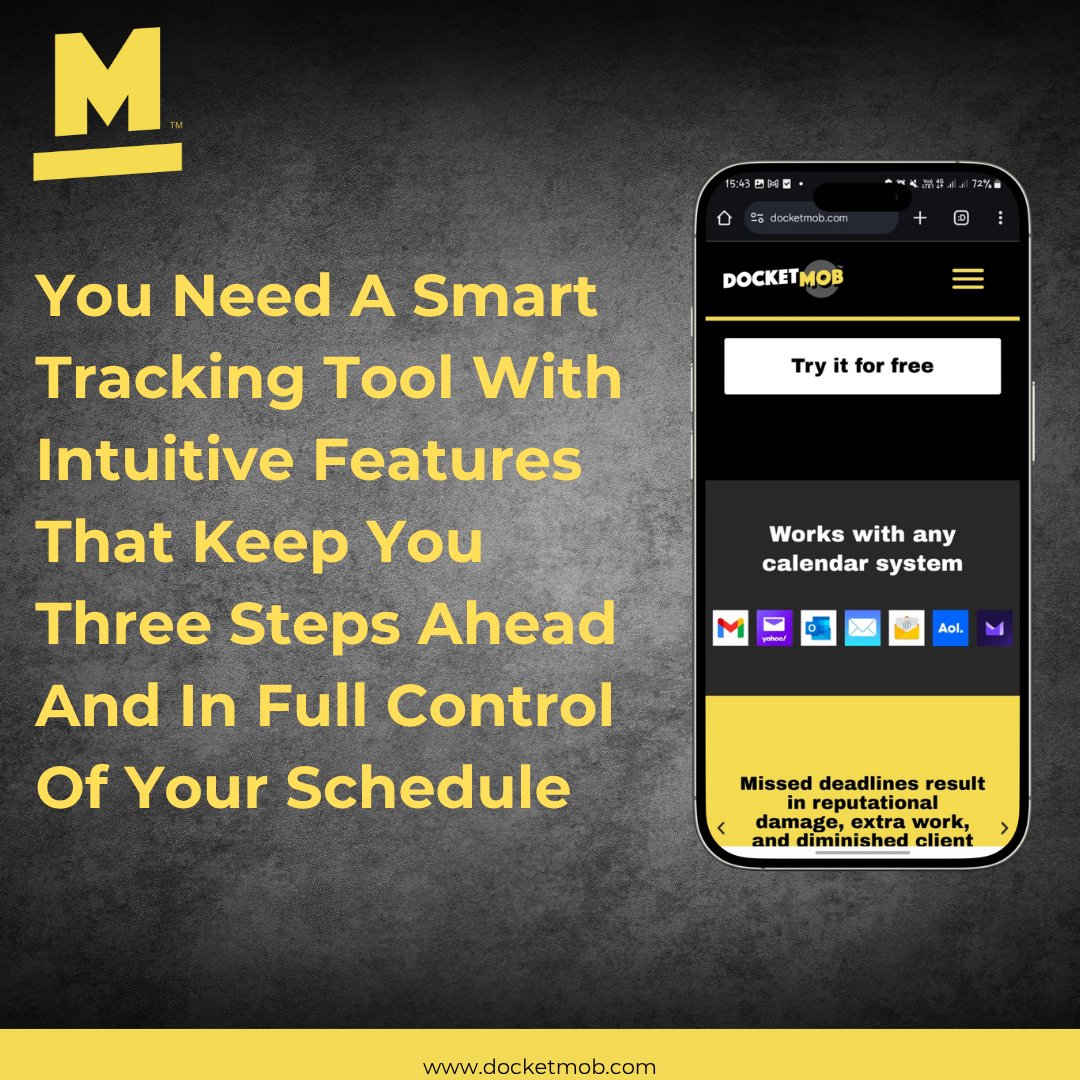 Stay three steps ahead with Docket Mob — the smart, intuitive legal tracking tool that puts you in full control of your schedule. Never miss a beat, deadline, or court date again. 

#DocketMob #LegalTech #StayAhead