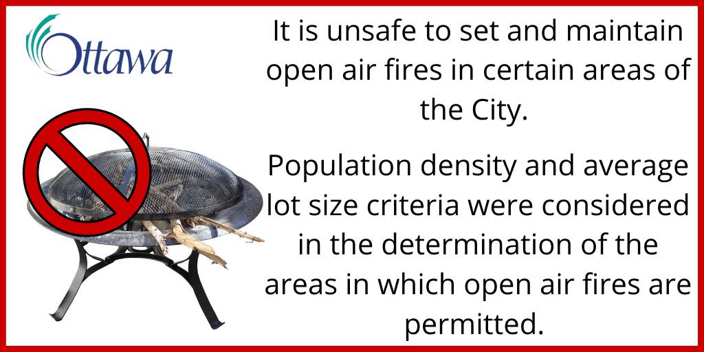 Ottawa By-law (@ottawabylaw) on Twitter photo ⚠️A City-wide burn ban is currently in effect. Open air fires are not permitted. 🚫🔥
Reminder that wood-burning outdoor fireplaces are always prohibited in urban areas. ☎️3-1-1 for details.
tinyurl.com/y9mqs29x #OttCity
<a href="/OttFire/">Ottawa Fire Services</a> <a href="/OttFirePrevent/">Ottawa Fire Prevention</a> ⚠️A City-wide burn ban is currently in effect. Open air fires are not permitted. 🚫🔥
Reminder that wood-burning outdoor fireplaces are always prohibited in urban areas. ☎️3-1-1 for details.
tinyurl.com/y9mqs29x #OttCity
<a href="/OttFire/">Ottawa Fire Services</a> <a href="/OttFirePrevent/">Ottawa Fire Prevention</a>