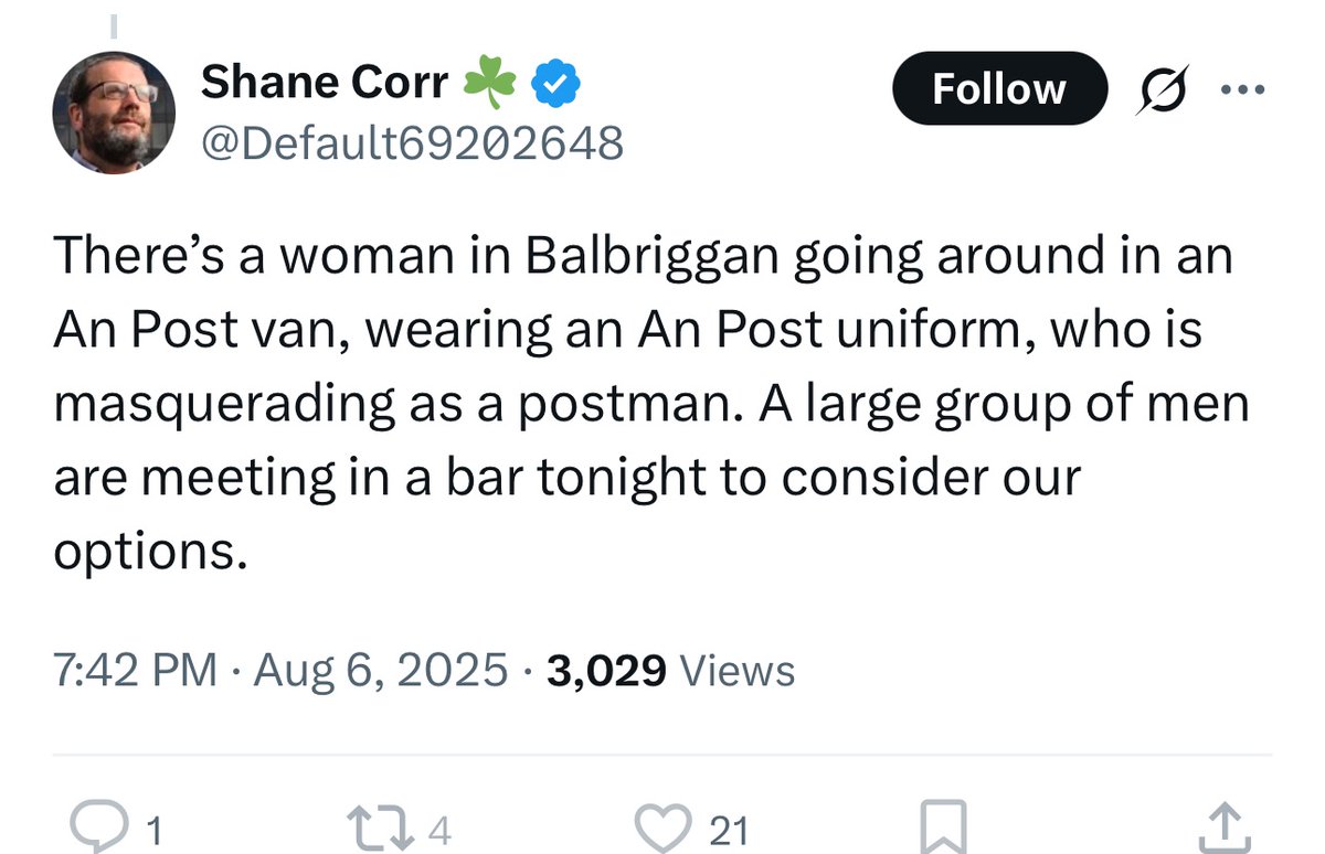 A girl is approached by a man who wants to talk to her about her underwear.

A middle aged man in Ireland decides he'd like to mock that girl.

On social media.

The man is Shane Corr &amp; here's his post mocking a child after an inappropriate interaction initiated by a knickerman.