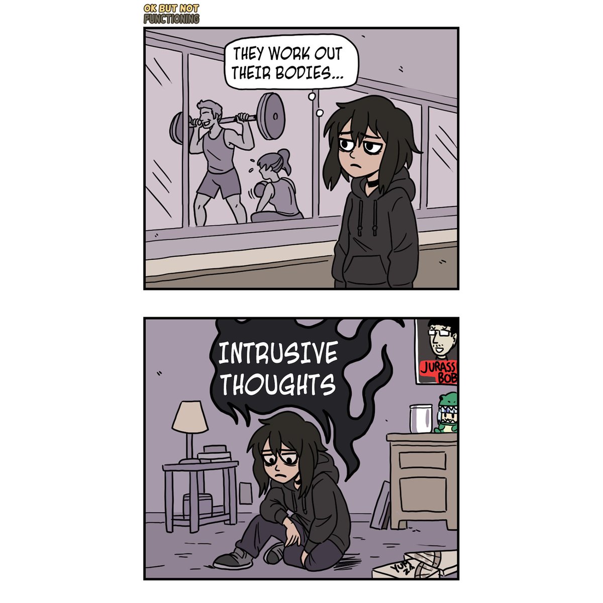 Eyzmaster's tweet photo. #COMIX OK But Not Functioning 06

Rue saw gains. Rue gained anxiety.
Thanks for the plush support and the empathy.

#Eyz #myart #OKbutnotfunctioning #Rue #oc #comix #webtoon #tapas #webcomics #comic #comics #sliceoflife #bestgirl #mentalhealthawareness #digitalcomics #depressionhumor