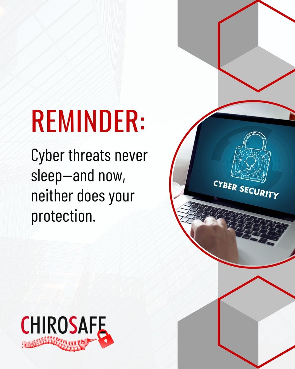 ChiroSafe's tweet image. Chiropractic offices are prime targets for ransomware and data breaches, especially after hours when no one&apos;s watching. That&apos;s why 24/7 monitoring is essential for protecting patient records, ensuring HIPAA compliance, and keeping your systems running securely.