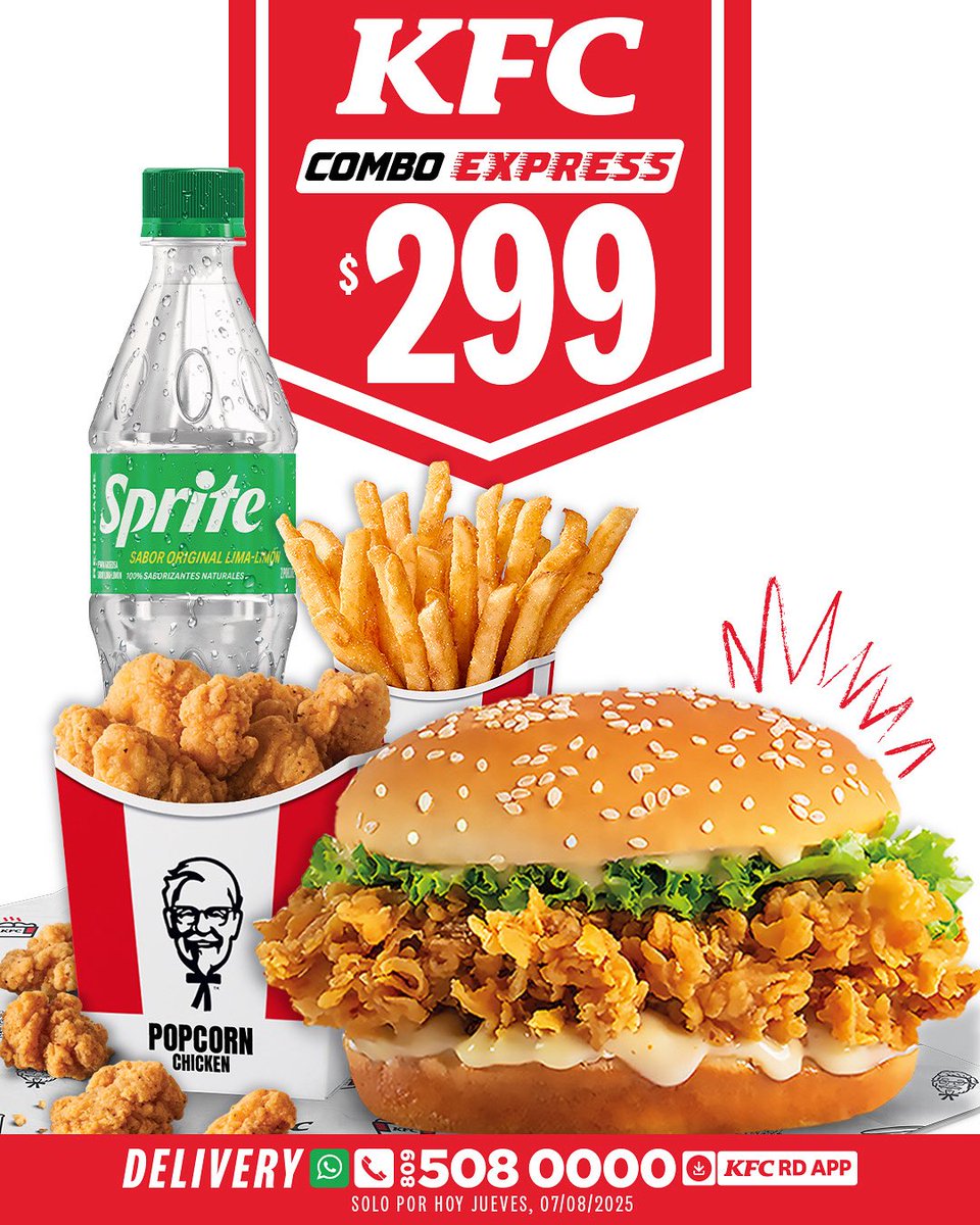 Ponte rápido para tu antojo con el Combo Express de KFC, por solo $299 🤩

Incluye: 1 Sandwich krunchy + 1 Papa frita peq. + 1 Popcorn chicken 4 oz.

Promoción válida por hoy jueves 07/08/2025 hasta agotar existencia.

*Disponible por Delivery y programar recoger en el