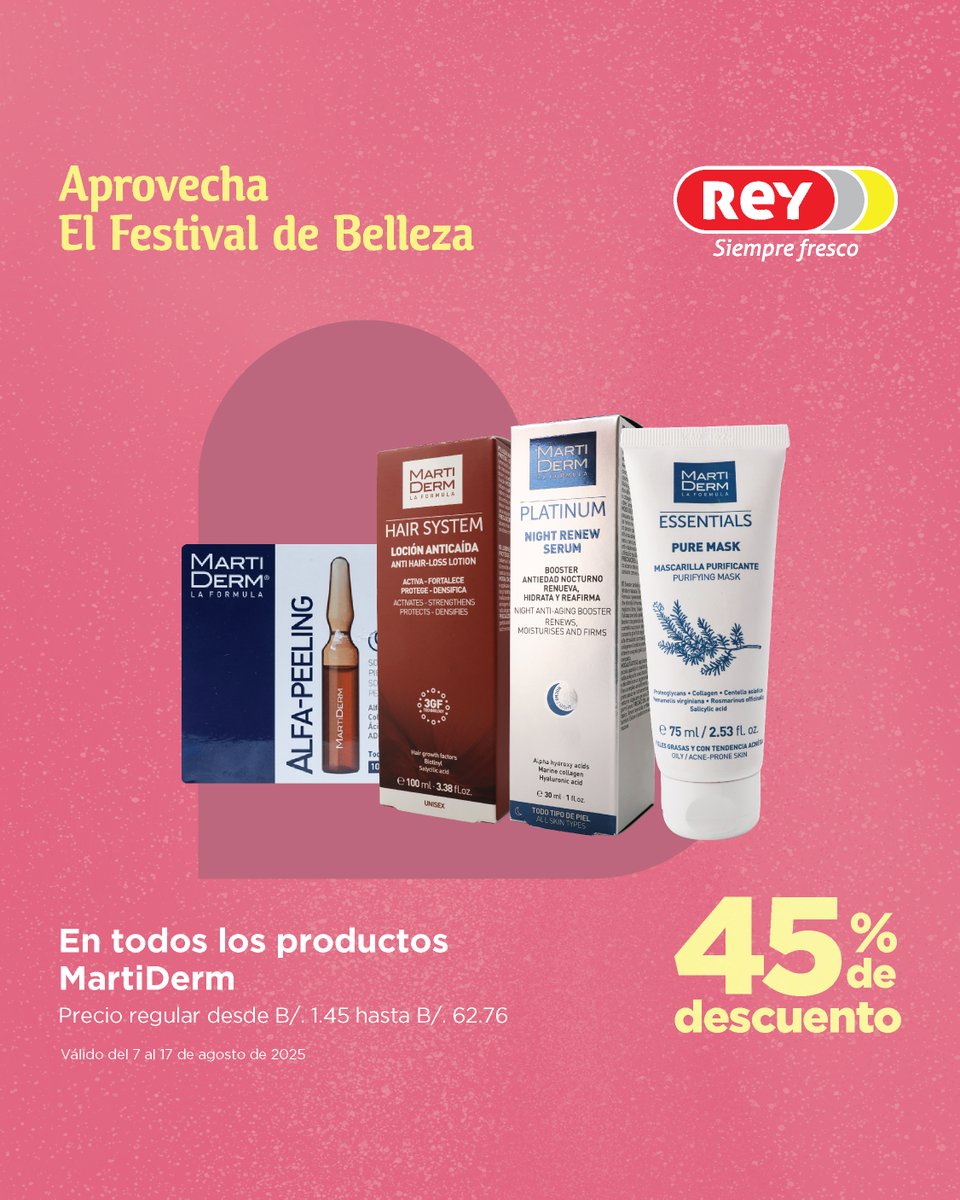 💄 ¡El momento de consentirte llegó!
Renueva tus esenciales con el Festival de Belleza en Supermercados Rey, con descuentos del 20% al 45% en productos seleccionados.⭐

🗓️ ¡Del 7 al 17 de agosto!

✨ Maquillaje, cuidado facial, capilar y más.
¡Es hora de mimarte como te mereces!