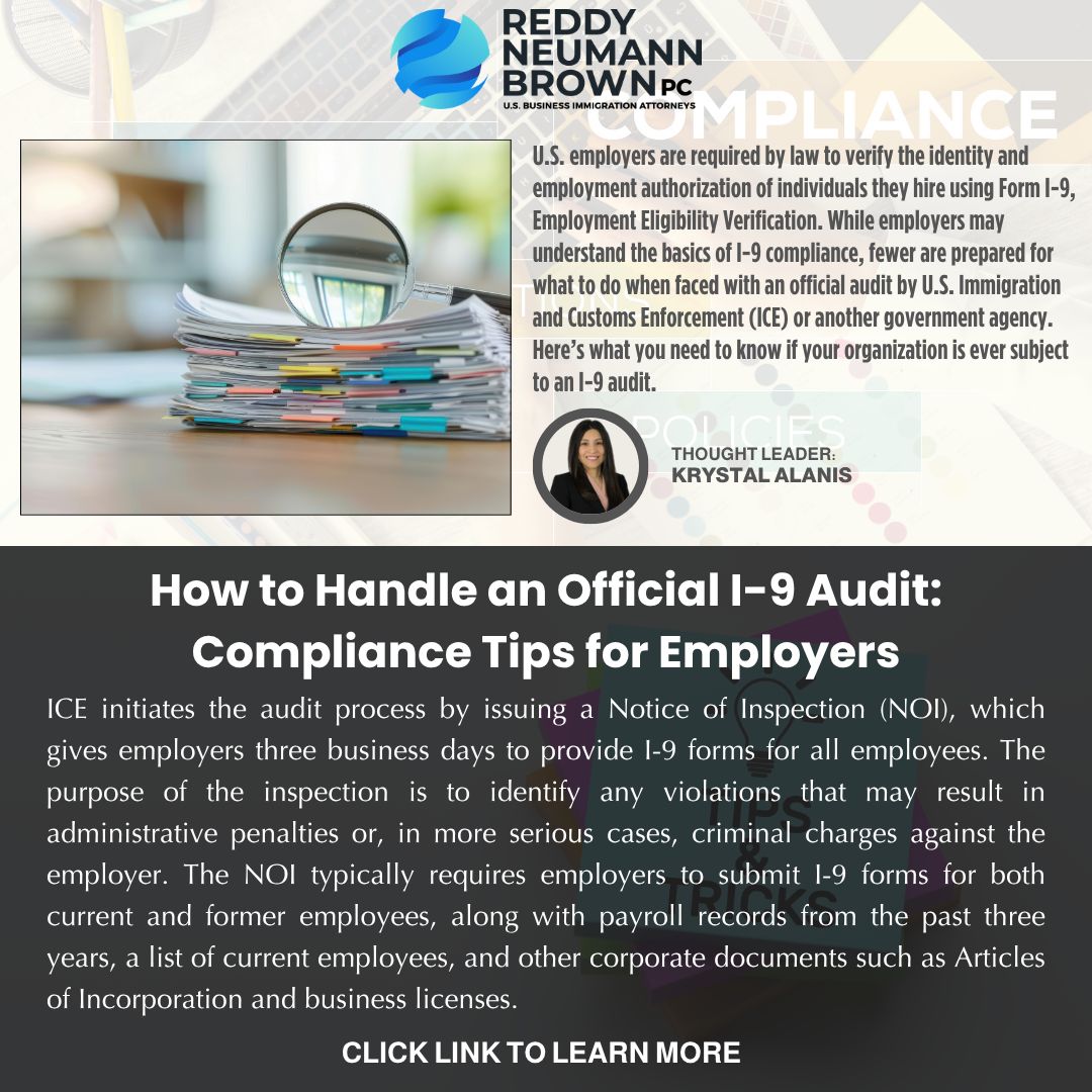 🚨 How to Handle an Official I-9 Audit: What Every Employer Needs to Know 🚨

An unexpected I-9 audit by ICE can send any HR team into a panic, but it doesn’t have to. U.S. employers are legally required to verify employment eligibility with Form I-9, and if your organization is