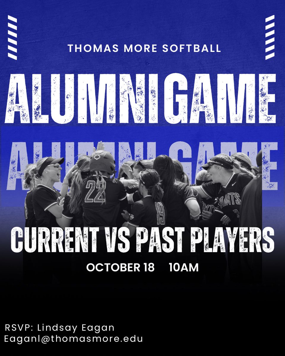 Thomas More University Softball (@tmu_softball) on Twitter photo This years Alumni Game will be on October 18th at 10am at the Softball Stadium. We can’t wait to see & play against our alumni! Make sure to RSVP to Coach Lindsay Eagan: eaganl@thomasmore.edu This years Alumni Game will be on October 18th at 10am at the Softball Stadium. We can’t wait to see & play against our alumni! Make sure to RSVP to Coach Lindsay Eagan: eaganl@thomasmore.edu
