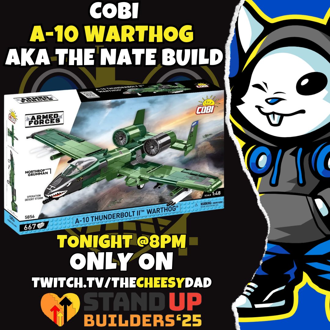 💥 Tonight’s build is personal.
We’re honoring Nate—an Air Force Reserve who worked on the A-10 Warthog and passed away 5 years ago from stage 4 cancer.
At 8PM, we build the <a href="/COBI_Bricks/">COBI Bricks</a>  A-10 (aka The Nate Build) live on stream as part of <a href="/SU2C/">Stand Up To Cancer</a>  fundraising event with the