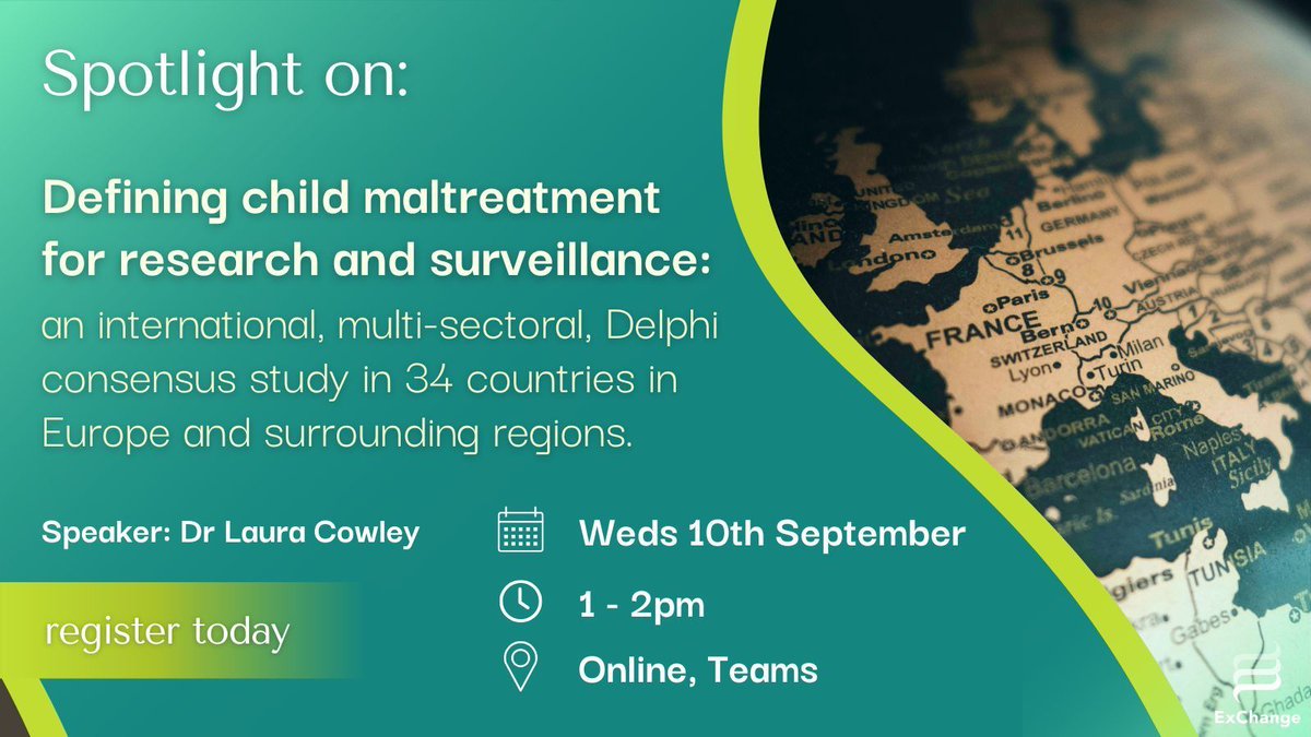 Don't miss this free webinar! 💡

'Defining child maltreatment for research &amp; surveillance: an international, multi-sectoral, Delphi consensus study in Europe &amp; surrounding areas.'

📣 Dr Laura Cowley

📅 Weds 10th September
⏰ 1 - 2pm
📍 Online

Sign up: buff.ly/GcBePW8