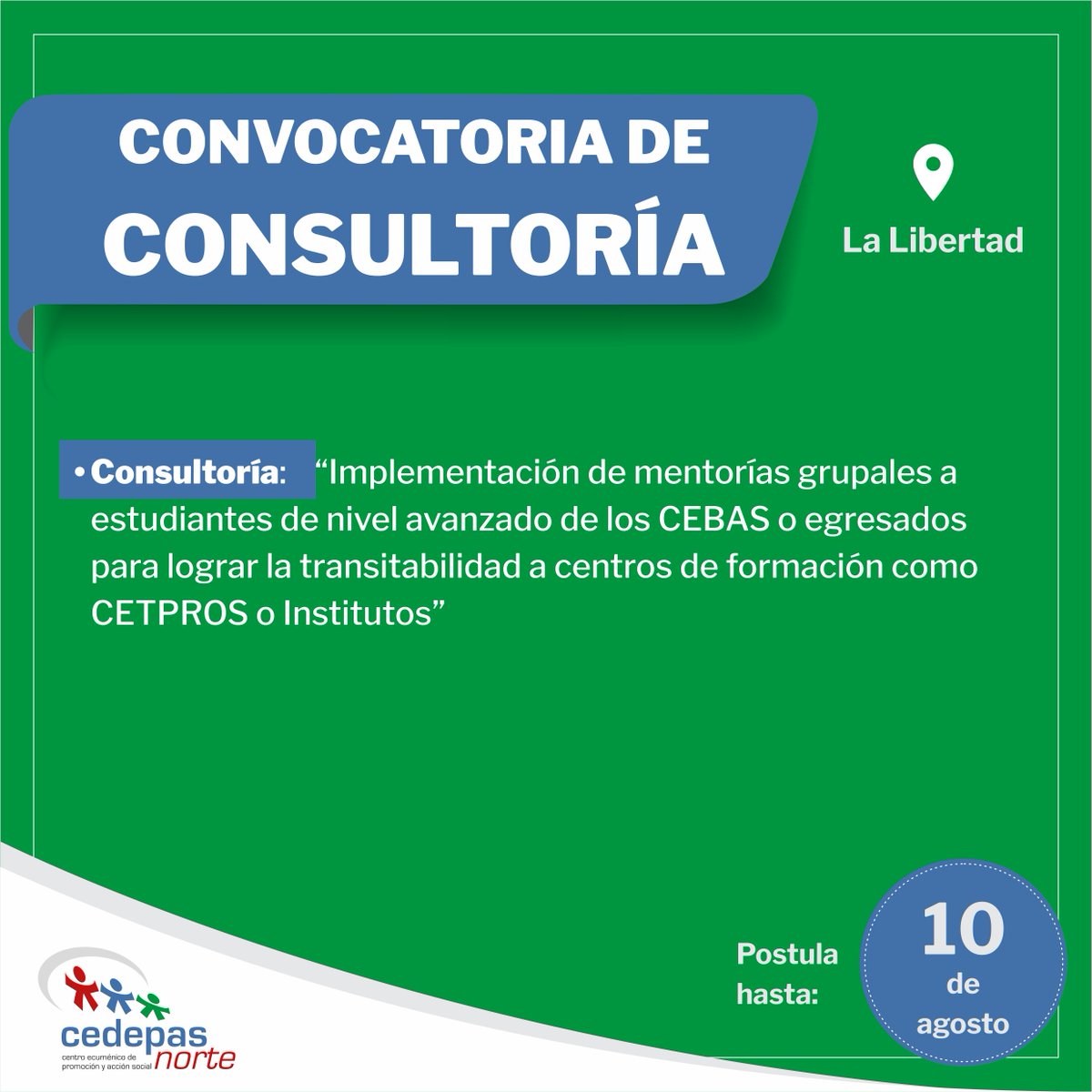 CEDEPASNorte's tweet photo. 📢 ¡AMPLIACIÓN DE CONVOCATORIA!

Revisa el detalle de la convocatoria aquí:👇 
https://t.co/vTtsQvMan2

📩 Adjuntar CV con su respectiva propuesta técnica (Plan de trabajo), a: cedepas@cedepas.org.pe y mcabrera@cedepas.org.pe bajo el asunto Mentorías grupales, hasta el 10.08.25 https://t.co/Xn0WFHaAiL
