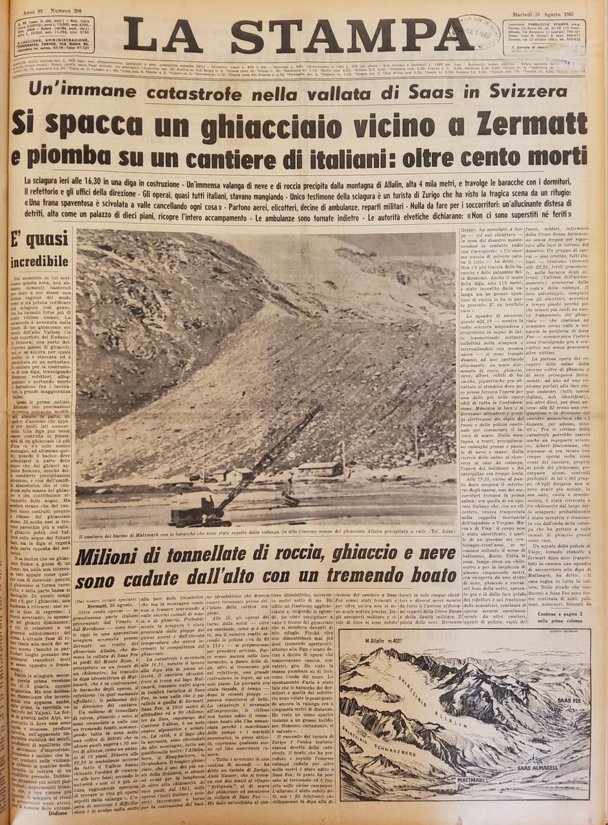 Il #30agosto 1965, 60 anni fa, la tragedia di #Mattmark (Canton Vallese, Svizzera): il cantiere della diga in costruzione è travolto da 2 milioni di metri cubi di ghiaccio. Muoiono 88 persone, 56 sono italiane.
Le interpellanze e interrogazioni in Aula: bit.ly/27settembre1965