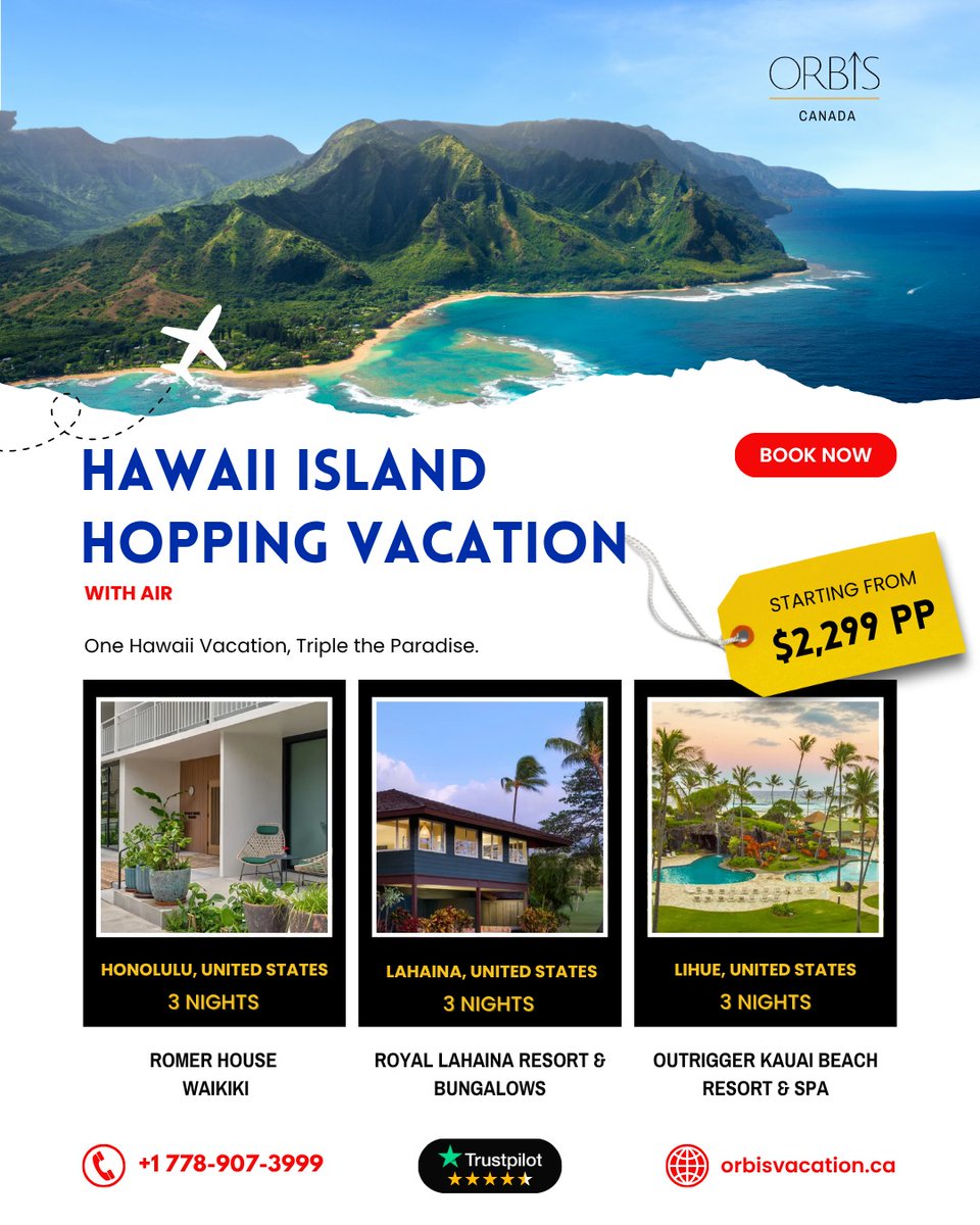 OrbisVacationCA's tweet image. Why settle for one island when you can say aloha to THREE? 🌺🌴Oahu’s buzz, Maui’s chill, and Kauai’s wild beauty all in 1 vacay! Starts from $2,299pp ✈️🍹

📲 Book Now:
orbisvacation.ca/topdealsdetail… 

#HawaiiIslandHopping #OahuToKauai #MauiVibes #WaikikiWaves #TropicalEscape