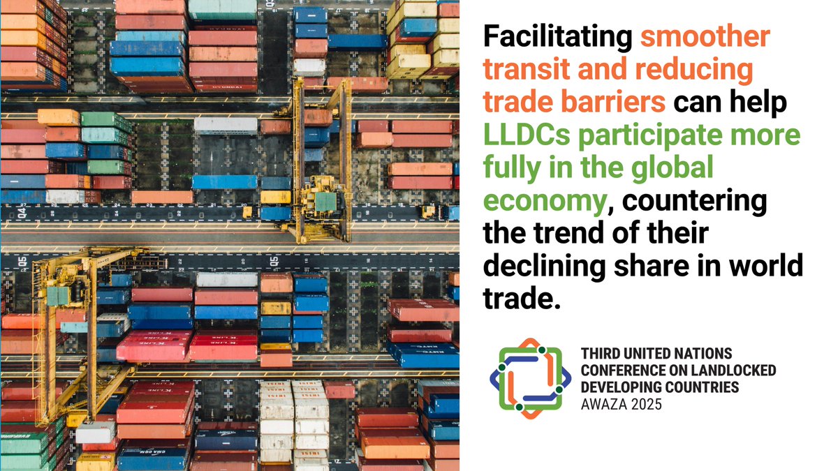 Trade is a lifeline for Landlocked Developing Countries (LLDCs), connecting them to global markets &amp; fostering economic growth.

The #LLDC3 Conference is focused on creating seamless transit &amp; fair access for all. Let's build bridges, not barriers.
⏩bit.ly/LLDC3Conf