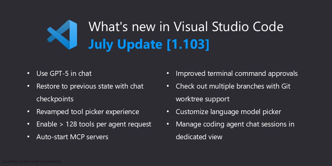Visual Studio Code (@code) on Twitter photo v1.103 of <a href="/code/">Visual Studio Code</a> is here! Check out what's new:
🚀 GPT-5 rolling out to <a href="/code/">Visual Studio Code</a> today
🛠️ Enable more than 128 MCP tools with virtual tools
✅ Chat checkpoints
🌳 Git worktree support
…and much more: aka.ms/VSCodeRelease
Here are some of the highlights 🧵 v1.103 of <a href="/code/">Visual Studio Code</a> is here! Check out what's new:
🚀 GPT-5 rolling out to <a href="/code/">Visual Studio Code</a> today
🛠️ Enable more than 128 MCP tools with virtual tools
✅ Chat checkpoints
🌳 Git worktree support
…and much more: aka.ms/VSCodeRelease
Here are some of the highlights 🧵