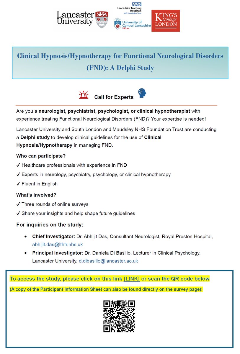 🚨 Call for Experts! 🧠

Are you a neurologist, psychiatrist, psychologist, or hypnotherapist working with #FND using #Hypnosis?
Join our Delphi study on Clinical Hypnosis/Hypnotherapy for FND

📩 Help shape future guidelines!

🔗 lancasteruni.eu.qualtrics.com/jfe/form/SV_8t…