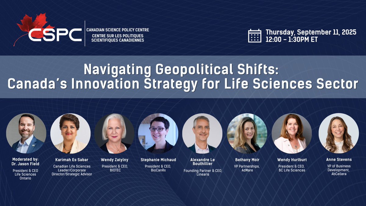 Join us on September 11, 2025 for a panel discussion on Canada’s innovation strategy for the life sciences sector, part of our National Conversation on Canada’s Innovation Strategy virtual series.

Learn more and register: sciencepolicy.ca/event/navigati…

#CdnSci #CdnInnovation