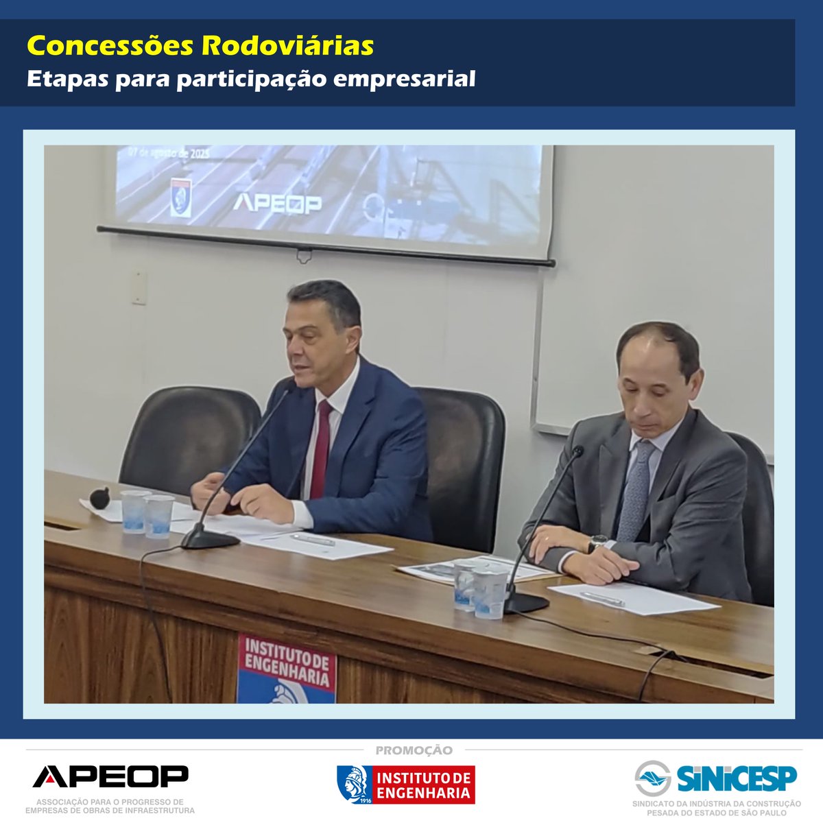 Concessões Rodoviárias - Etapas para participação empresarial
Evento promovido pela <a href="/apeopsp/">APEOP</a> #sinicesp e <a href="/institutodeeng/">Instituto de Engenharia</a> realizado hoje (07/08) na sede do Instituto de Engenharia.
#ppps #concessoes #rodovias