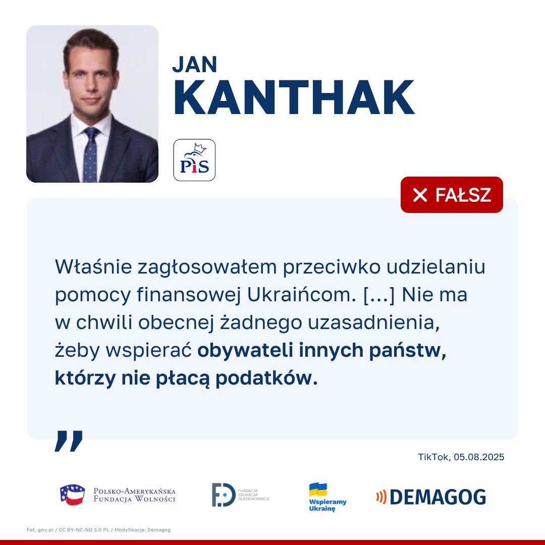 🔎 DEMAGOG (@demagogpl) on Twitter photo 🗣️ Ukraińcy nie płacą podatków w Polsce? Wypowiedź <a href="/JanKanthak/">Jan Kanthak 🇵🇱</a> z <a href="/pisorgpl/">Prawo i Sprawiedliwość</a> to ❌ #fałsz.
➡️ Jak podaje <a href="/MF_GOV_PL/">Ministerstwo Finansów</a>, obywatele Ukrainy w ramach podatków CIT, PIT oraz VAT zapłacili w 2021 roku ponad 686 mln zł, w 2022 roku – ok. 1,06 mld zł, w 2023 roku – ok. 1,5 mld zł oraz w 🗣️ Ukraińcy nie płacą podatków w Polsce? Wypowiedź <a href="/JanKanthak/">Jan Kanthak 🇵🇱</a> z <a href="/pisorgpl/">Prawo i Sprawiedliwość</a> to ❌ #fałsz.
➡️ Jak podaje <a href="/MF_GOV_PL/">Ministerstwo Finansów</a>, obywatele Ukrainy w ramach podatków CIT, PIT oraz VAT zapłacili w 2021 roku ponad 686 mln zł, w 2022 roku – ok. 1,06 mld zł, w 2023 roku – ok. 1,5 mld zł oraz w