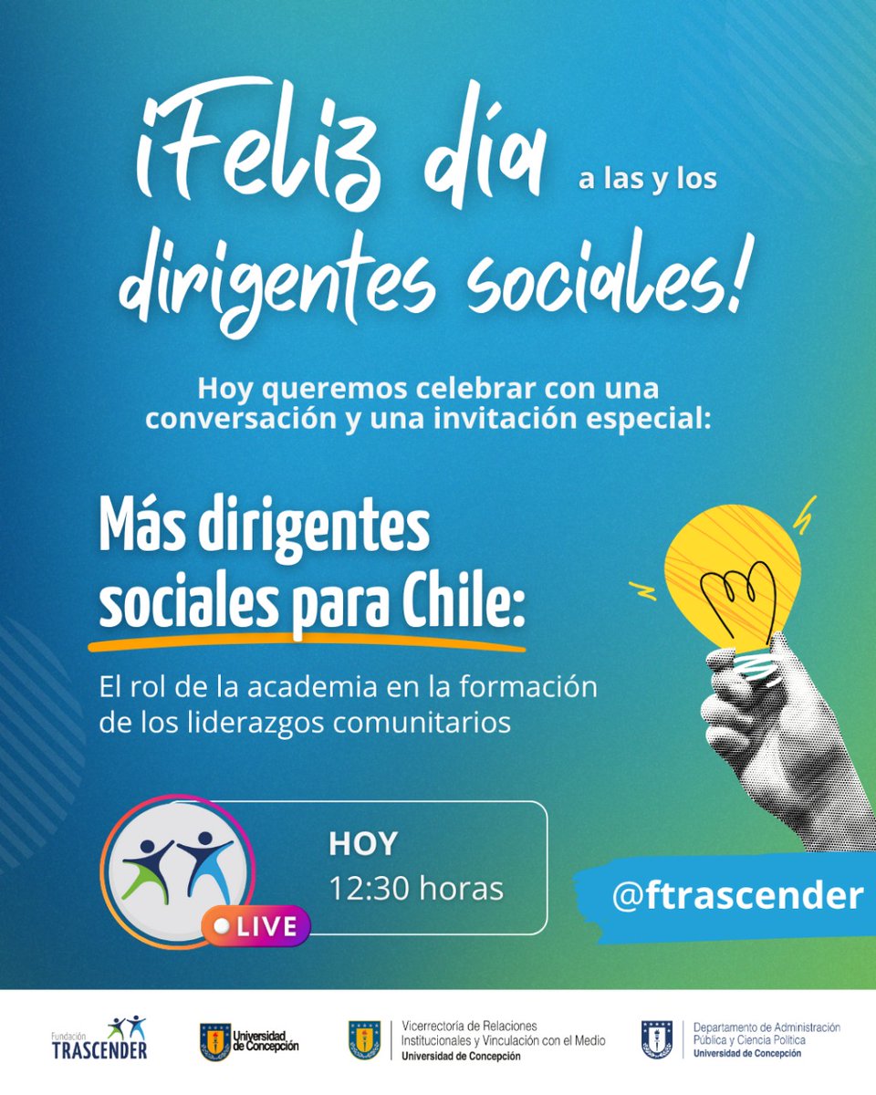 Administración Pública y Ciencia Política Udec (@apcp_udec) on Twitter photo 🔴¡Es hoy! Felicitamos a todos y todas las dirigentes sociales en su día.
Para celebrarles, organizamos un live junto a <a href="/ftrascender/">Fundación Trascender</a>. ¡Conéctate!
¡Más dirigentes sociales para Chile! 🔴¡Es hoy! Felicitamos a todos y todas las dirigentes sociales en su día.
Para celebrarles, organizamos un live junto a <a href="/ftrascender/">Fundación Trascender</a>. ¡Conéctate!
¡Más dirigentes sociales para Chile!