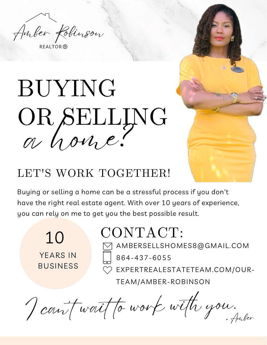 Hey Upstate SC
Whether you’re looking to buy, sell, or invest in property here in the area — I’m your girl!
I’m Amber Robinson, and I’m here to guide you through every step of the real estate process.

📞 Call me at 864-437-6055 for a free market analysis and let’s talk.