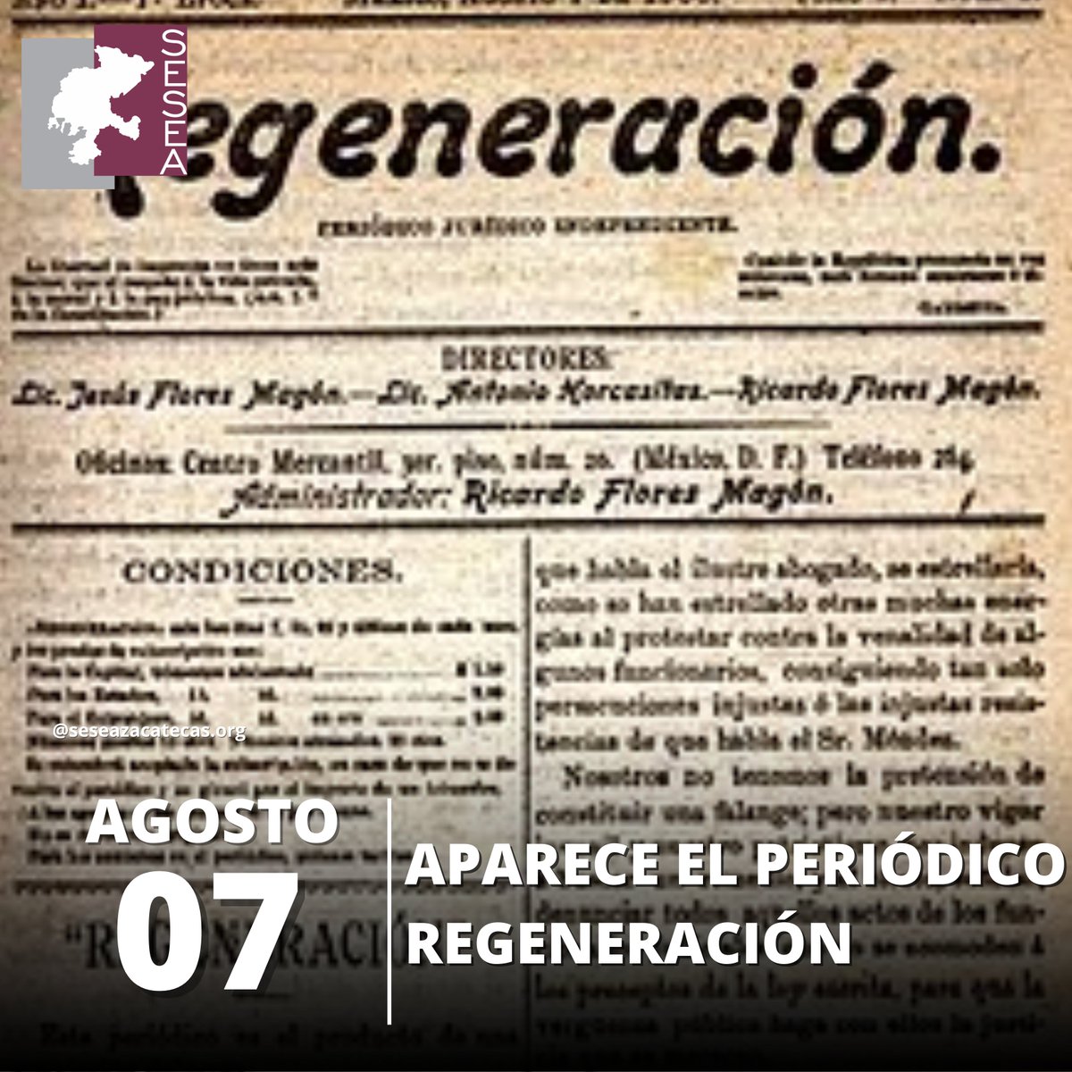 #Efemérides
📅Periódico Regeneración, fundado por los hermanos Magón, el 7 de agosto de 1900; desde sus inicios, el propósito fue denunciar los abusos y excesos del gobierno encabezado por Díaz, así como el menosprecio de los derechos más elementales del pueblo mexicano.🗞