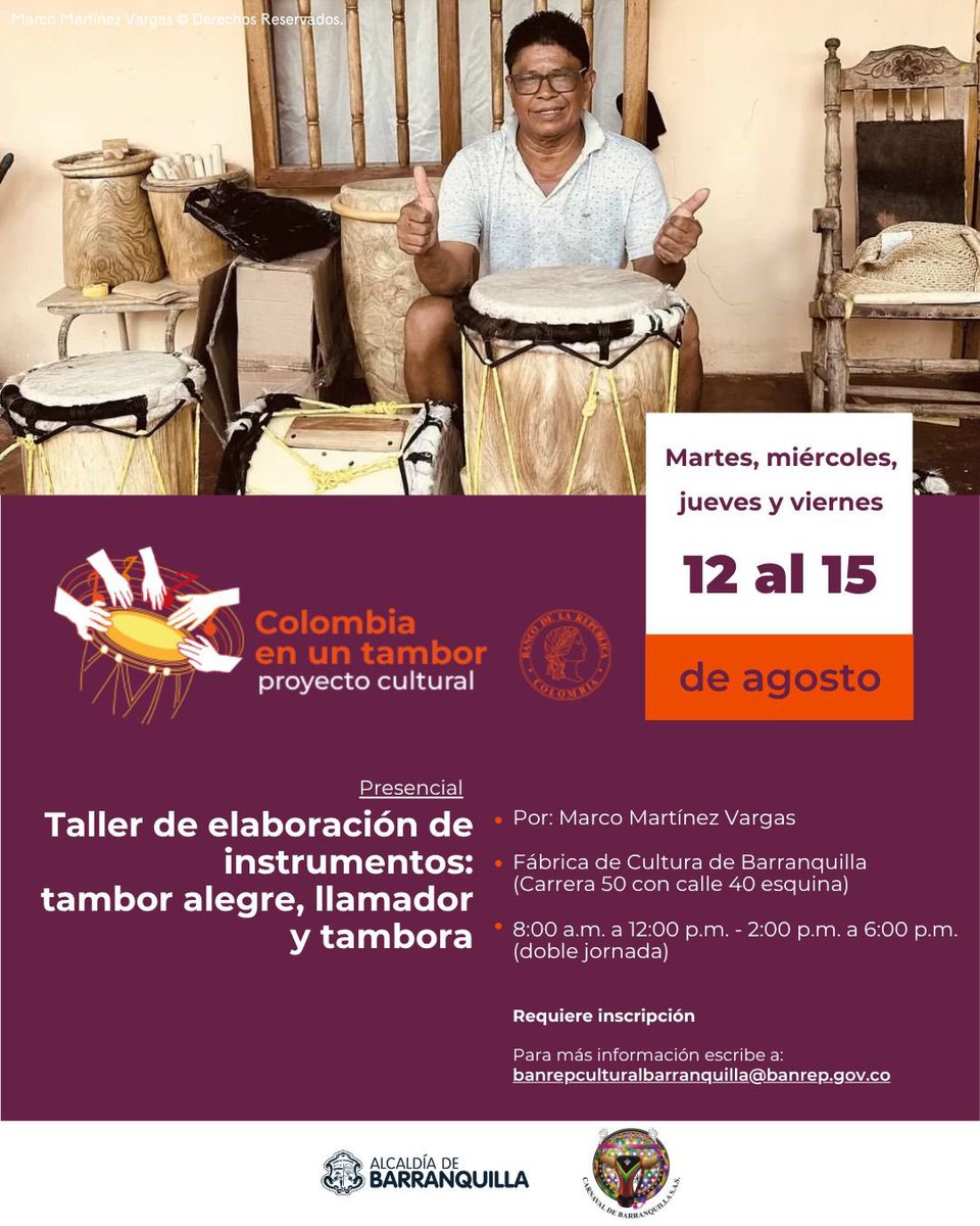 🎶 ¡Atención, amantes del tambor!
Del 12 al 15 de agosto en la Fábrica de Cultura se realizará el Taller de elaboración de instrumentos: tambor alegre, llamador y tambora con Marco Martínez Vargas.
Inscríbete aquí 👉 forms.gle/pRHYbimXUSeEJo… 
<a href="/Banrepcultural/">Banrepcultural</a>