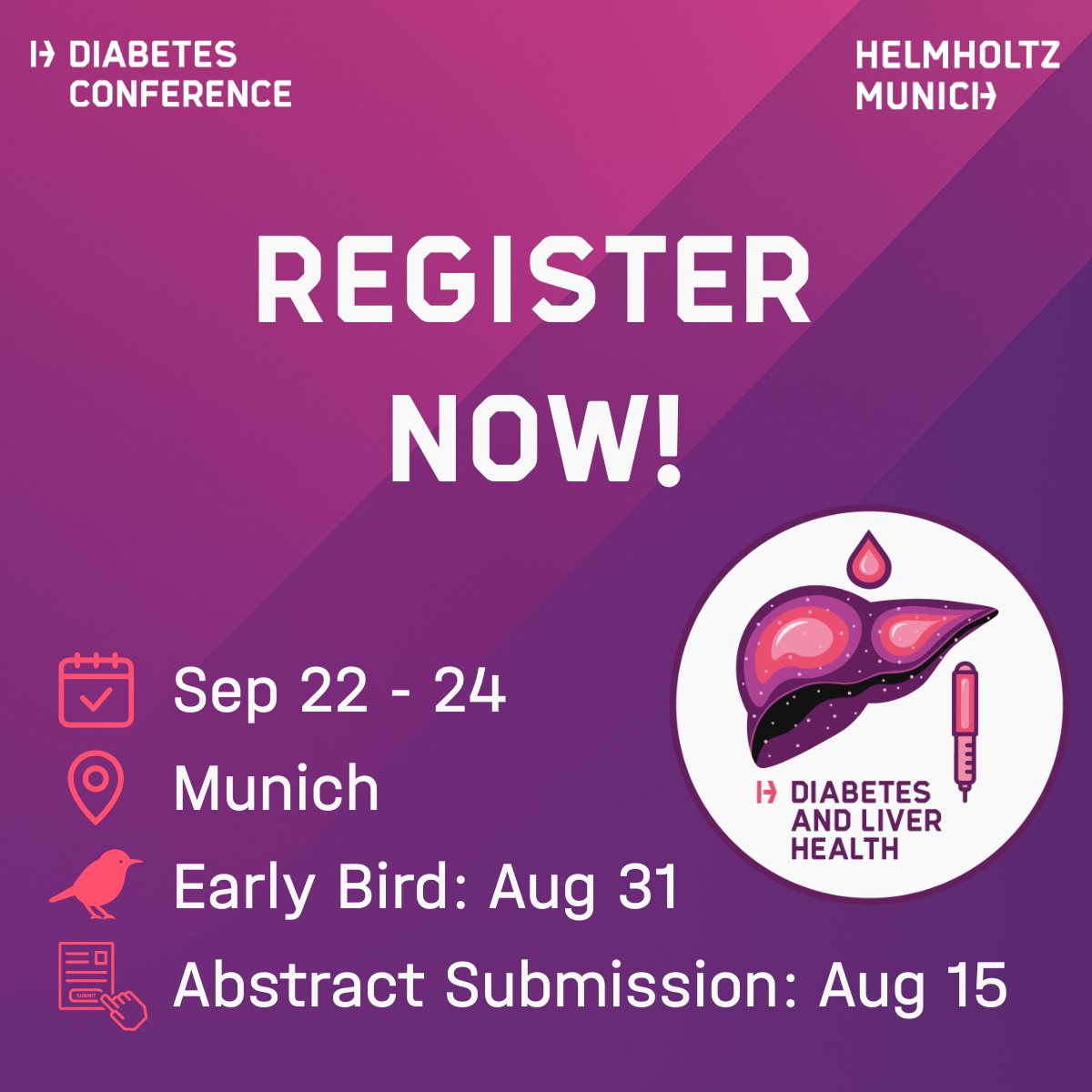 Register now for the 12th Helmholtz Diabetes Conference!

🧠 Focus: #Diabetes &amp; #LiverHealth
🧪 Organized by Anja Zeigerer &amp; Stephan Herzig
🎤 Lecture Award: Philipp Scherer
📢 Poster or Flash Talk chance – submit your abstract!

🔗 helmholtz-munich.de/en/diabetes-co…
#HelmholtzDiabetes2025