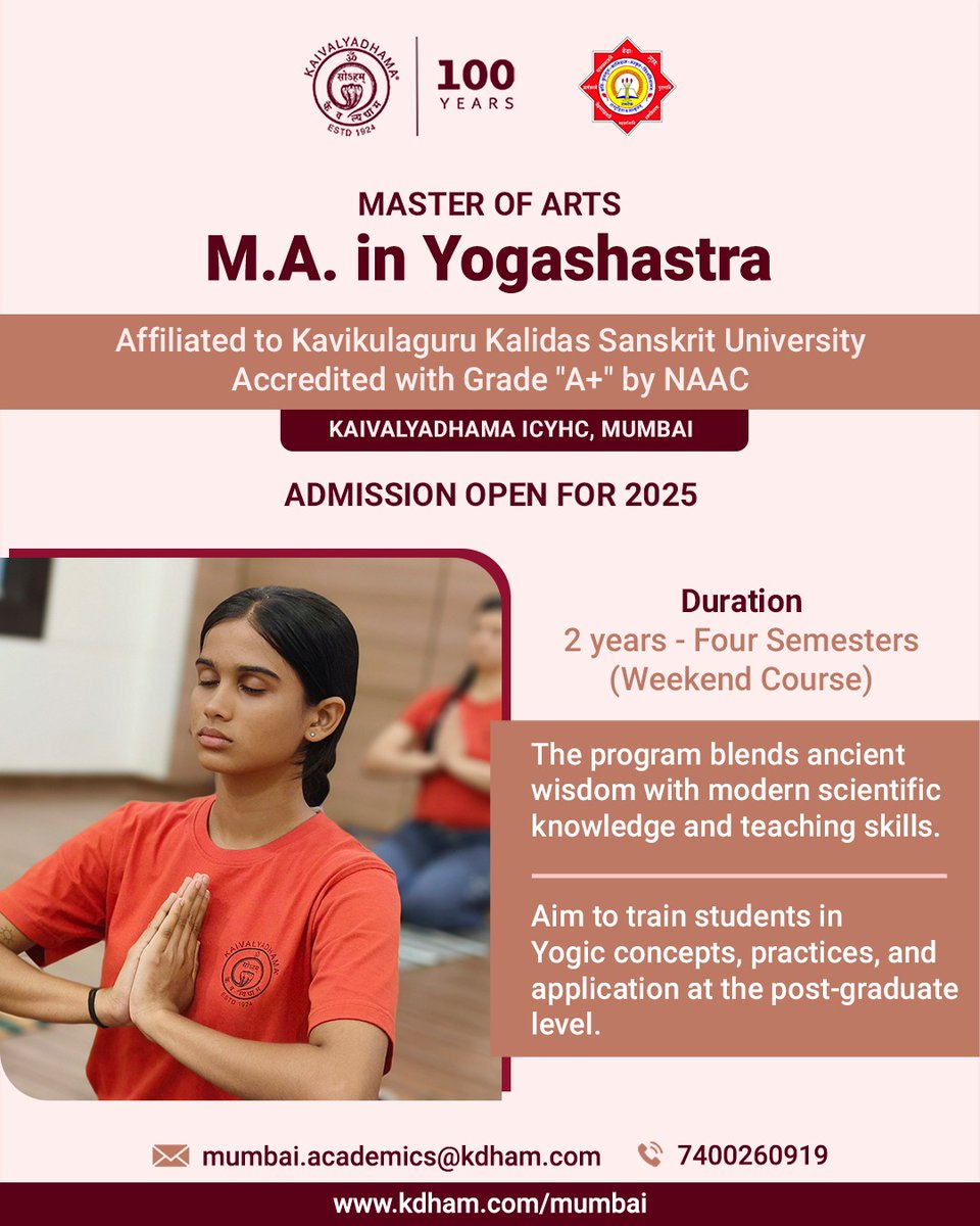 Discover the deeper science of Yoga! 

Affiliated to Kavikulaguru Kalidas Sanskrit University
Accredited with Grade "A+" by NAAC

Admissions open for 2025. 
Register now: kdham.com/mumbai/master-…

#Kaivalyadhamamumbai #Yogashastra #StudyYoga