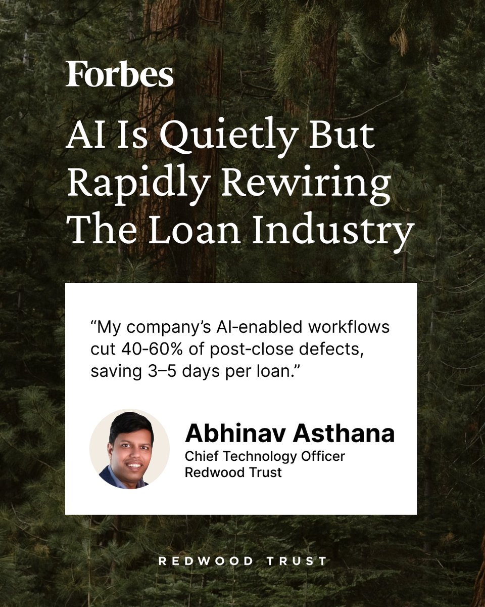 RedwoodTrustInc's tweet image. #RedwoodTrust CTO Abhinav Asthana was recently published in the #ForbesTechnologyCouncil, sharing how #AI is quietly but rapidly rewriting the #loanindustry. At #RWT we’re laying the groundwork to win with AI. 

Click here to read more ➡️  bit.ly/46zH1oV

#AIInLending