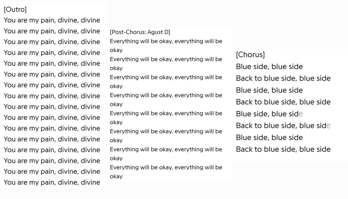 Something bout joon saying "you are my pain, divine" 16 times, 
yoongi aying "Everything will be okay" 16 times 
&amp; hobi saying "blue side" 16 times (1+6=7)
