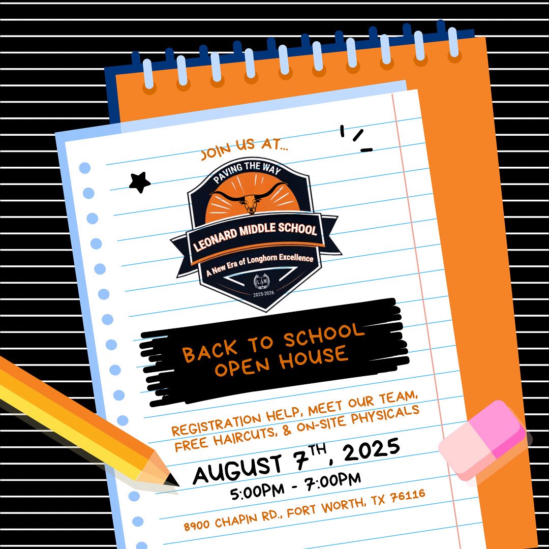 📣Calling all Longhorns📣
Tonight is the night! We look forward to seeing you this evening from 5:00pm-7:00pm!🤓 
#longhornexcellence #leonardmiddleschool #leadershipacademynetwork #leadwithLAN #teachwithLAN #LANcommunity