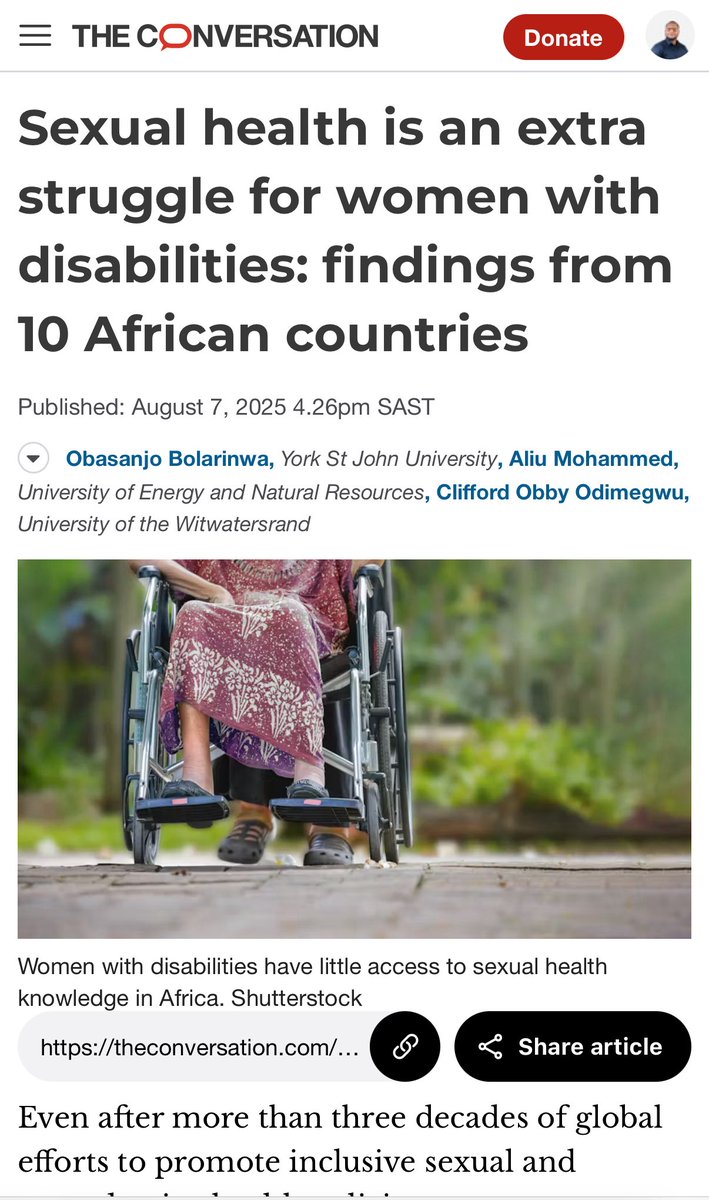 drobax1's tweet photo. Just published my 2nd @ConversationUK article from my PhD research:
Sexual health is an extra struggle for women with disabilities in Africa.
We must do more to ensure inclusive SRHR access.
Read here https://t.co/SvjgQHuFj7
#DisabilityRight #SRHR #GlobalHealth #TheConversation https://t.co/b3MfylNF1Y