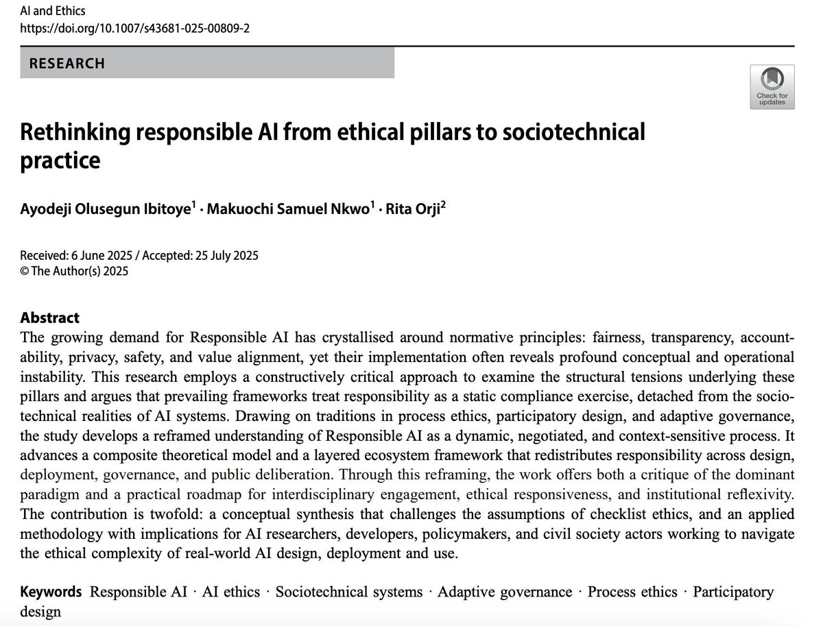 ritapurity's tweet image. Check out our latest paper on #ResponsibleAI &amp;amp; #EthicalAI

In this paper, we examine why the standard approach to AI ethics isn't working. Currently, when organizations want to make AI "responsible," they typically use a checklist approach: Is it fair? Transparent? Safe? Private?
