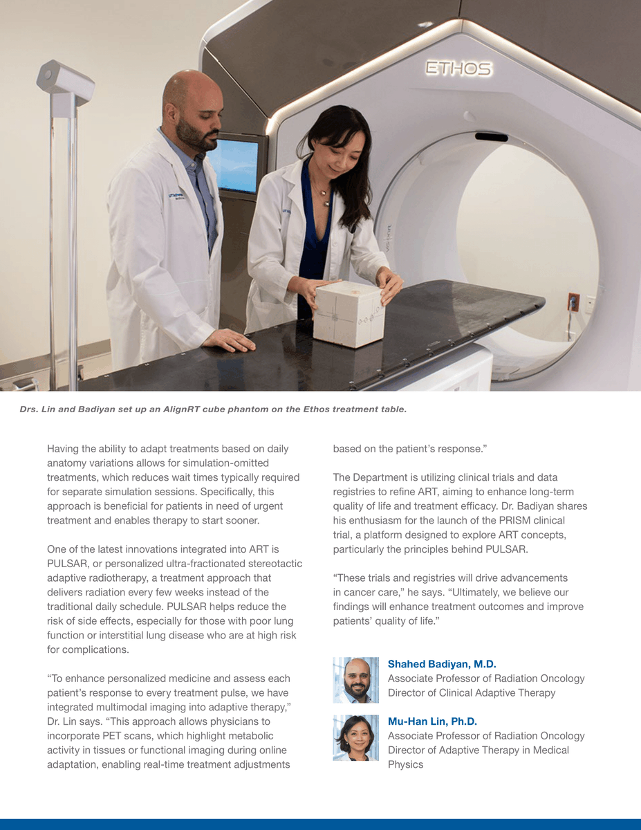 Robert Timmerman (@bobtimmermanmd) on Twitter photo Our adaptive radiation therapy program, led by <a href="/BadiyanMD/">Shahed Badiyan</a> and <a href="/MHLinPhD/">Mu-Han Lin</a>, delivers real-time, personalized cancer treatment. Adaptive radiation therapy adjusts for daily anatomical changes—like tumor shrinkage or organ movement—enhancing precision and reducing side effects. Our adaptive radiation therapy program, led by <a href="/BadiyanMD/">Shahed Badiyan</a> and <a href="/MHLinPhD/">Mu-Han Lin</a>, delivers real-time, personalized cancer treatment. Adaptive radiation therapy adjusts for daily anatomical changes—like tumor shrinkage or organ movement—enhancing precision and reducing side effects.