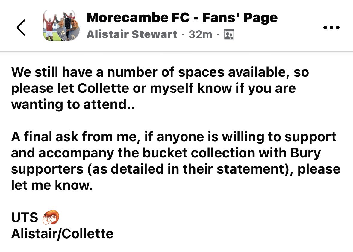 An heartwarming update for Morecambe FC supporters attending Bury FC on Saturday 🦐❤️

A thank you to the supporters of  <a href="/buryfcofficial/">Bury Football Club</a> and <a href="/ChesterFC/">Chester FC</a> for this amazing gesture ❤️🤝