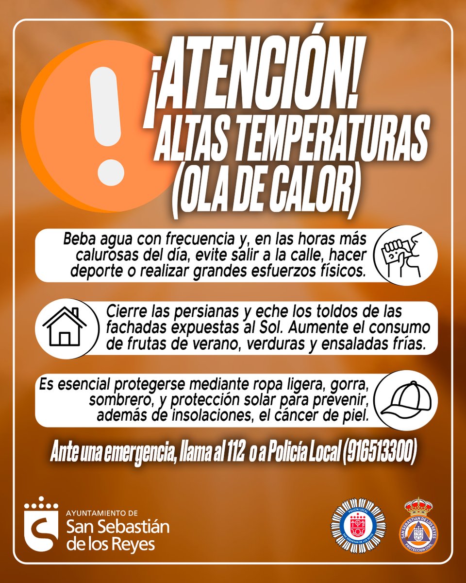 📢🟠 Durante los próximos días seguirán las altas temperaturas -ola de calor- en la ciudad.

Recuerda seguir las recomendaciones y, ante un caso de emergencia, llama al 112 📞 o a Policía Local (916 51 33 00)