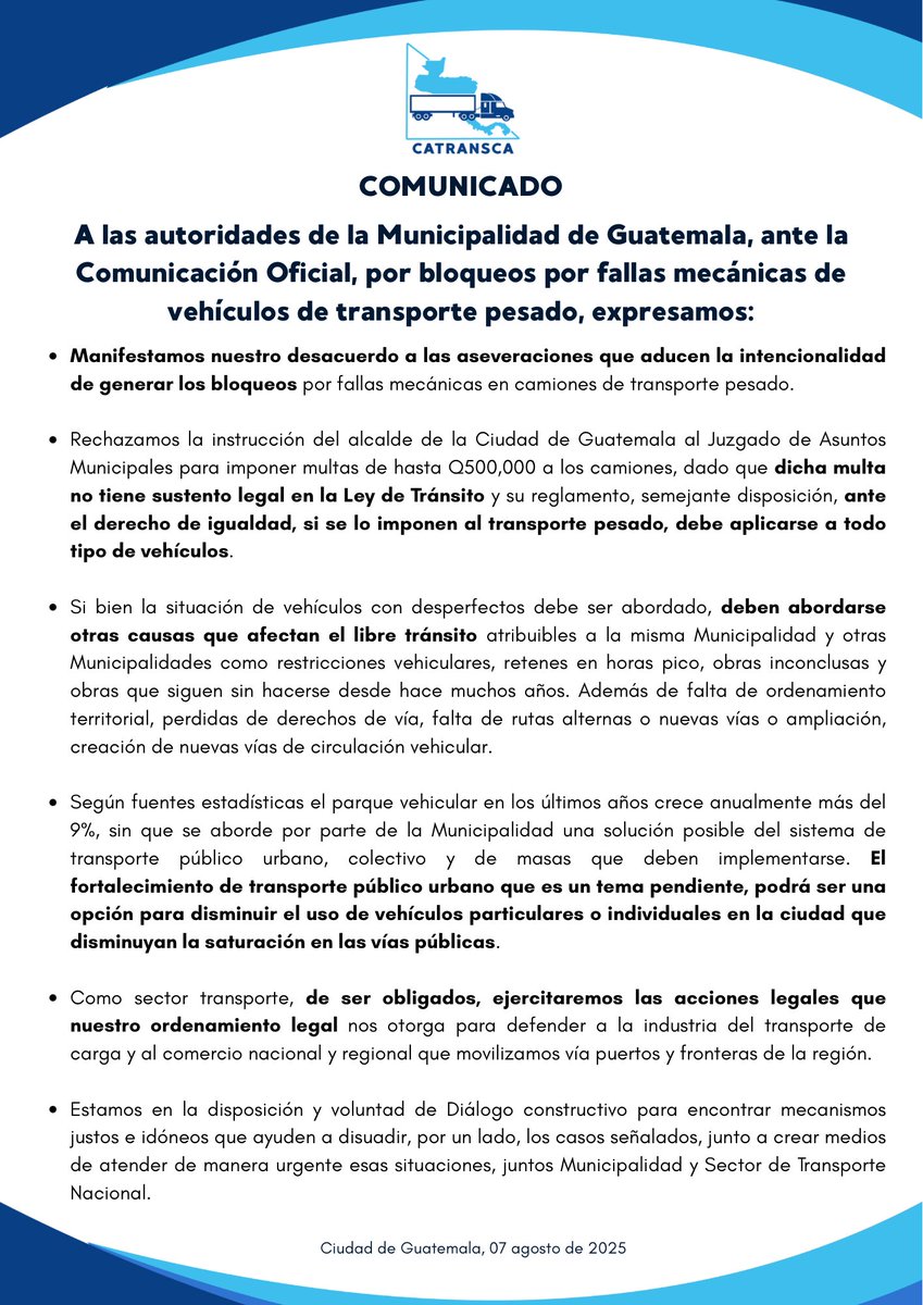 📣 COMUNICADO OFICIAL

Desde CATRANSCA manifestamos nuestro rechazo a las declaraciones y medidas que responsabilizan al transporte pesado por bloqueos en la ciudad, sin fundamentos legales ni soluciones integrales al problema vial. 🚛⚖️

🛑 Urgimos a las autoridades municipales
