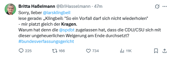 Frau Hasselmann platzt der Kragen, weil Lars Klingbeil von der SPD es zulässt, dass an Weisungen nicht gebundene Abgeordnete der #CDUCSU nicht so abstimmen, wie die Grünen es wollen. Lustig, gar nicht lustig.