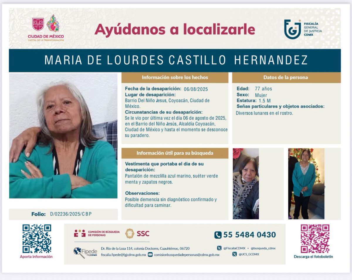 Ayúdanos a localizarla.  Tiene 77 años su nombre es #MariaDeLourdesCastilloHernández Fue vista por última vez en el Barrio del Niño Jesús, Coyoacán. <a href="/Busqueda_MX/">Comisión Nal. de Búsqueda Mx</a> <a href="/botDesaparecidx/">BotDesaparecidx</a> 🙏RT