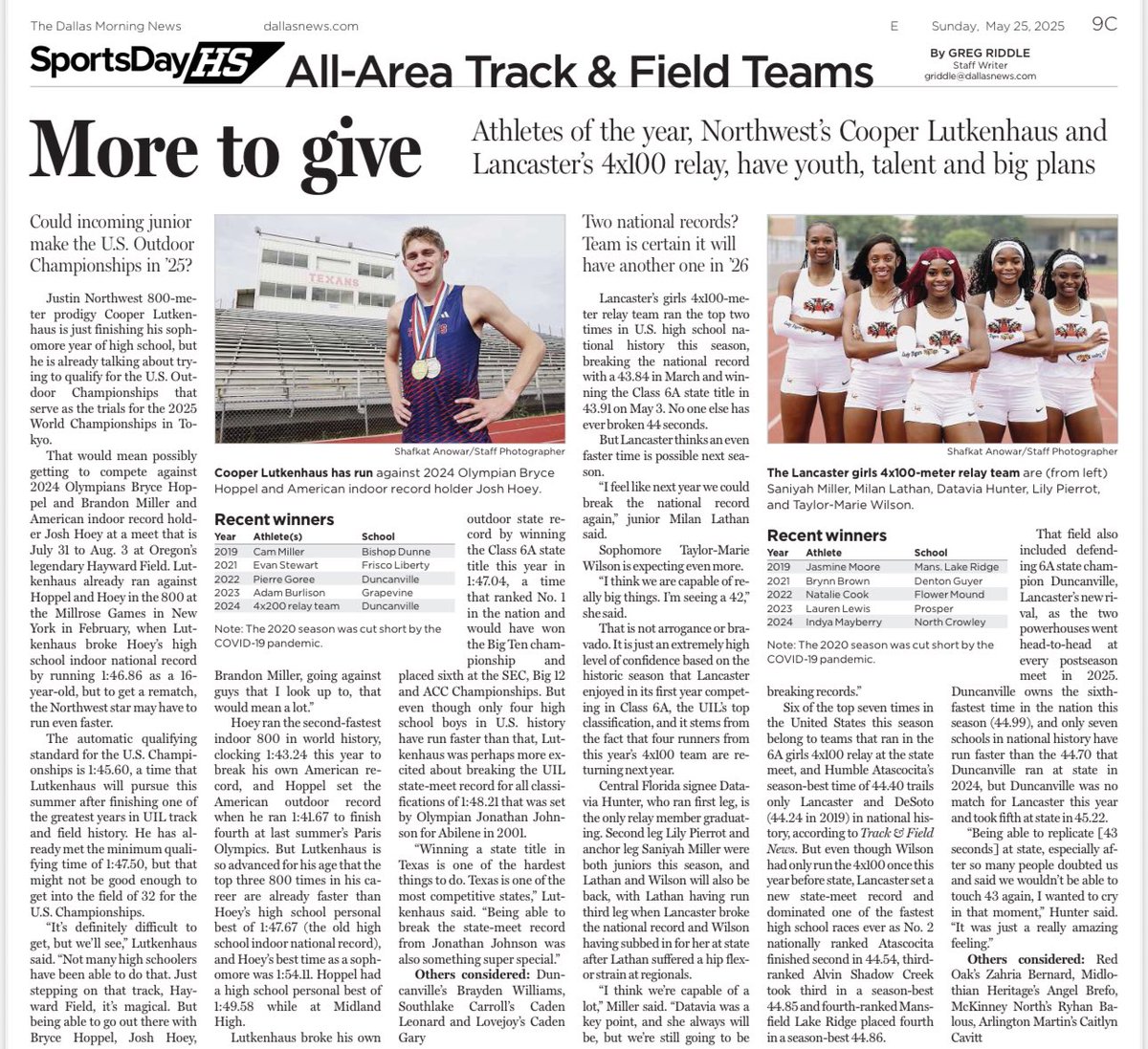 Lancaster Lady Tigers Track & Field (@webogirlstrack) on Twitter photo Thank you to <a href="/DMNGregRiddle/">Greg Riddle</a> from Dallas Morning News for naming our 4x100m Relay Athletes of the Year! We are grateful for the honor. <a href="/LancasterISD/">Lancaster ISD</a> <a href="/dallasnews/">Dallas Morning News</a> Thank you to <a href="/DMNGregRiddle/">Greg Riddle</a> from Dallas Morning News for naming our 4x100m Relay Athletes of the Year! We are grateful for the honor. <a href="/LancasterISD/">Lancaster ISD</a> <a href="/dallasnews/">Dallas Morning News</a>