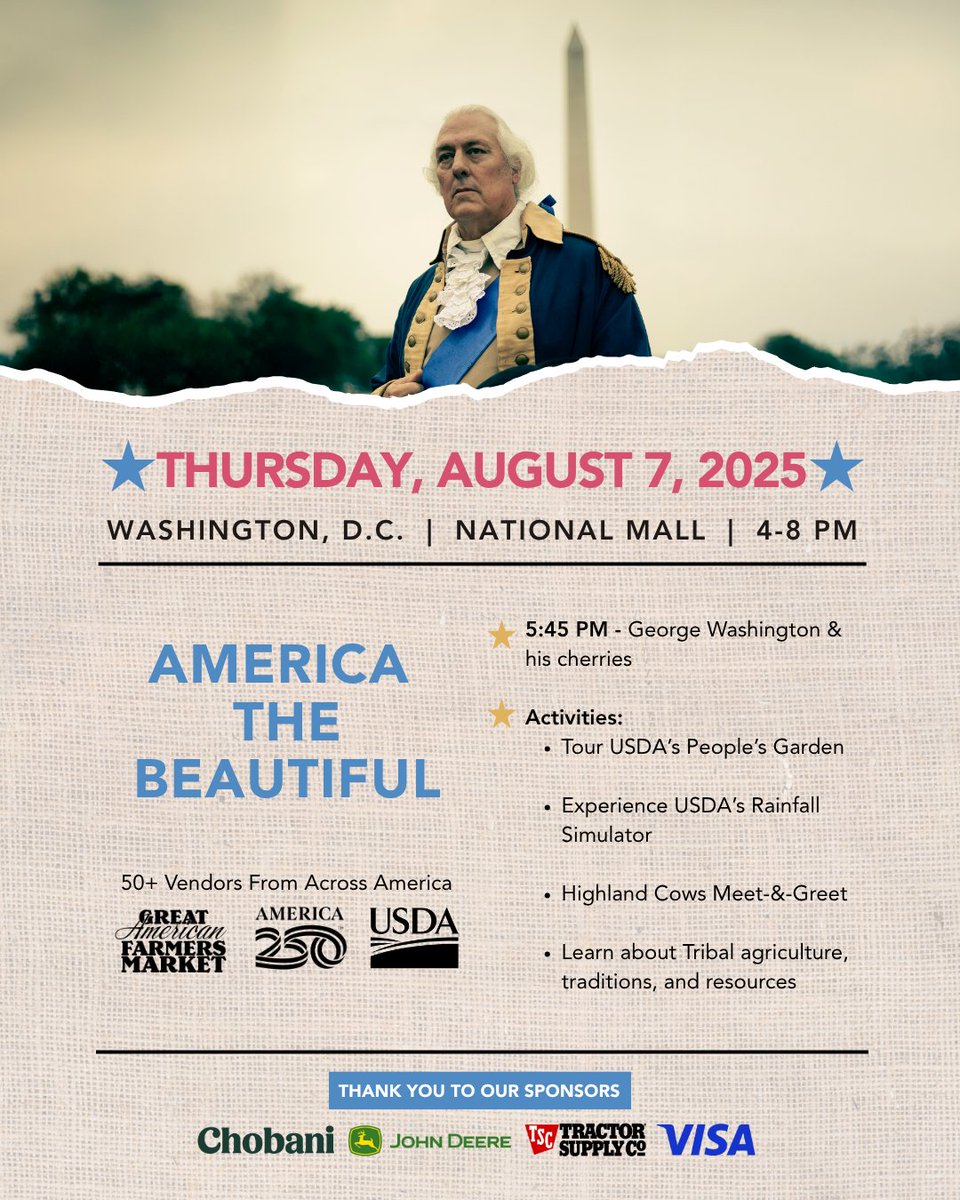 Dept. of Agriculture (@usda) on Twitter photo It’s America the Beautiful Day at the Great American Farmers Market, and we’re celebrating the beauty of our nation's land, people, and agriculture 🏞️ Meet a highland cow, and learn about the historic 🍒 discovered at George Washington's estate WITH George Washington himself. It’s America the Beautiful Day at the Great American Farmers Market, and we’re celebrating the beauty of our nation's land, people, and agriculture 🏞️ Meet a highland cow, and learn about the historic 🍒 discovered at George Washington's estate WITH George Washington himself.