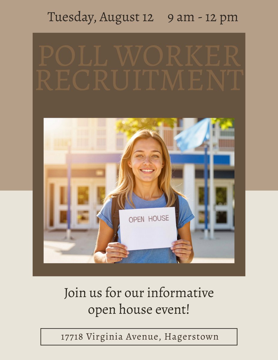 Join the Washington County Board of Elections for an Open House &amp; EJ Recruitment on Aug 12, 2025 from 9:00 to 12:00 Noon at the Election Center 17718 Virginia Avenue Hag! Learn about serving as an election worker, see Election Day tools demonstrated, &amp; get your questions answered