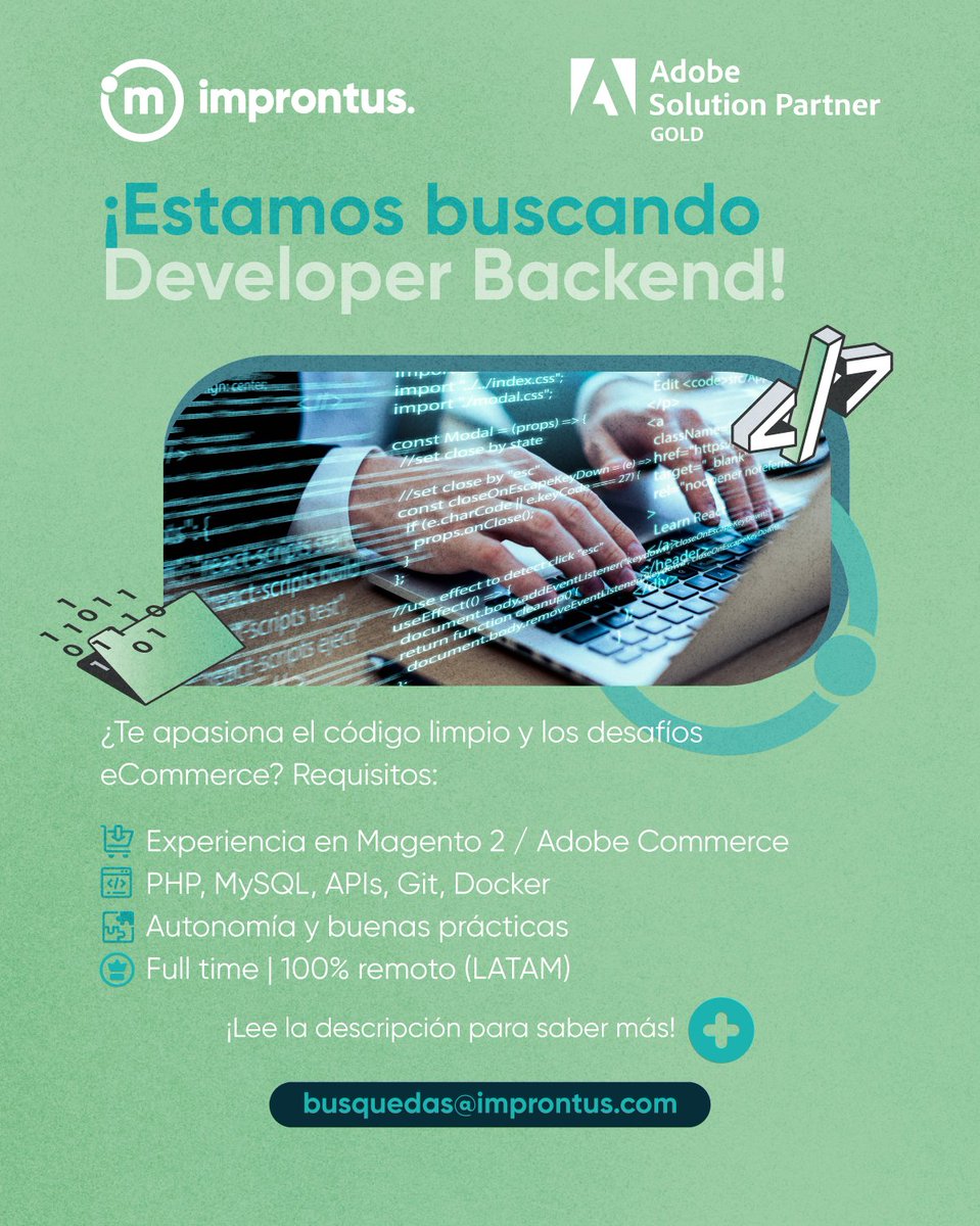 Improntus_'s tweet photo. 💡 ¿Te apasiona desarrollar soluciones de alto nivel en eCommerce?
🌎 100% remoto
🕒 Full time
📍 Desde cualquier país
📬 Si estás interesado/a o conoces a alguien ideal para esta vacante, escríbenos a busquedas@improntus.com

#Improntus #AdobePartner #BackendDeveloper #Magento2 https://t.co/m4uDwTYJXv