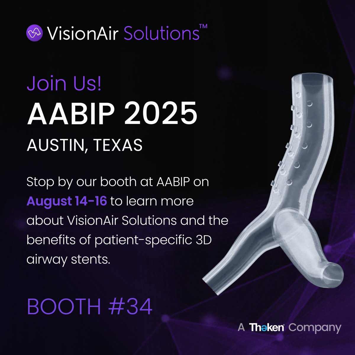 Heading to AABIP in Austin next week?
We’d love to see you there!

📍 Visit us at Booth #34 to meet the VisionAir team and explore our latest innovations — including our patient-specific 3D Airway Stents and powerful V3D Software platform.

Whether you're curious about how 3D